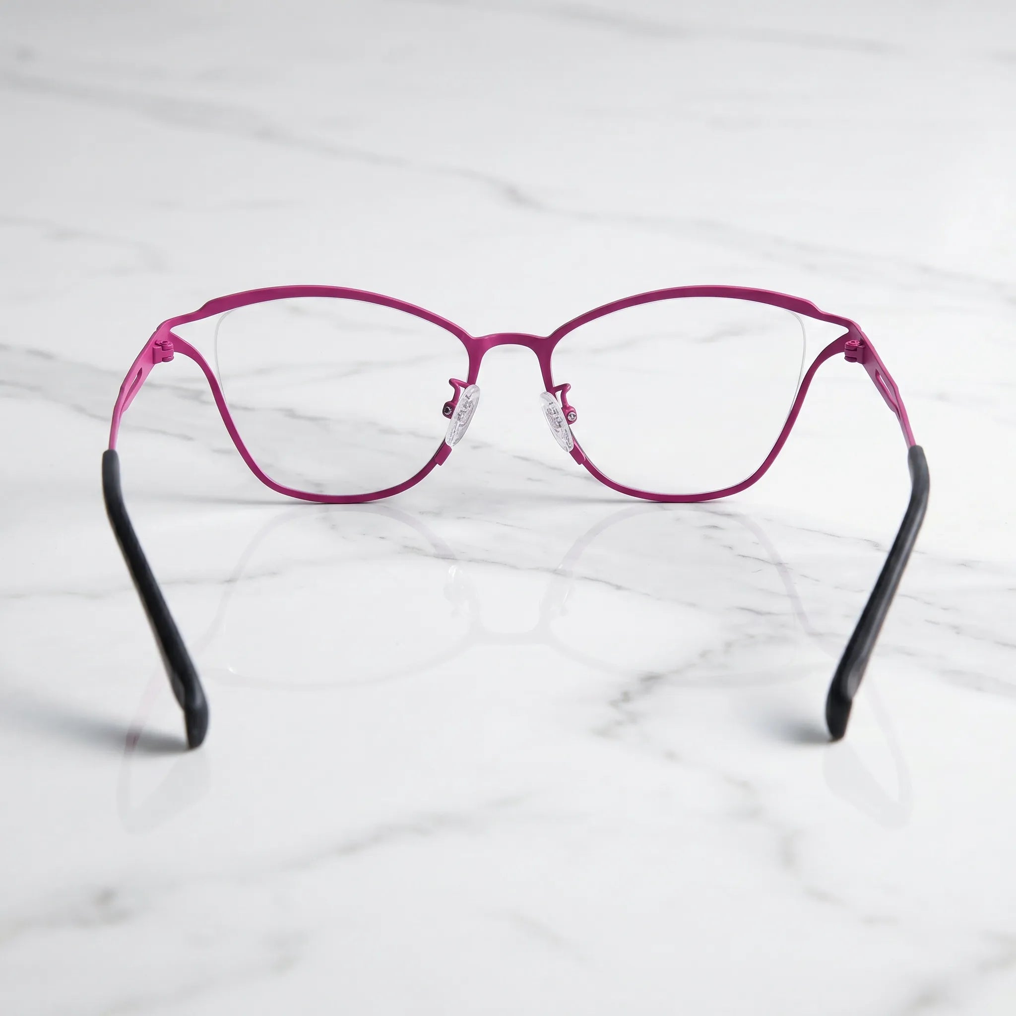 Barledear Fuchsia Mosaic eyeglasses back view showing full-rim frame structure, temple shape, and silicone nose pads