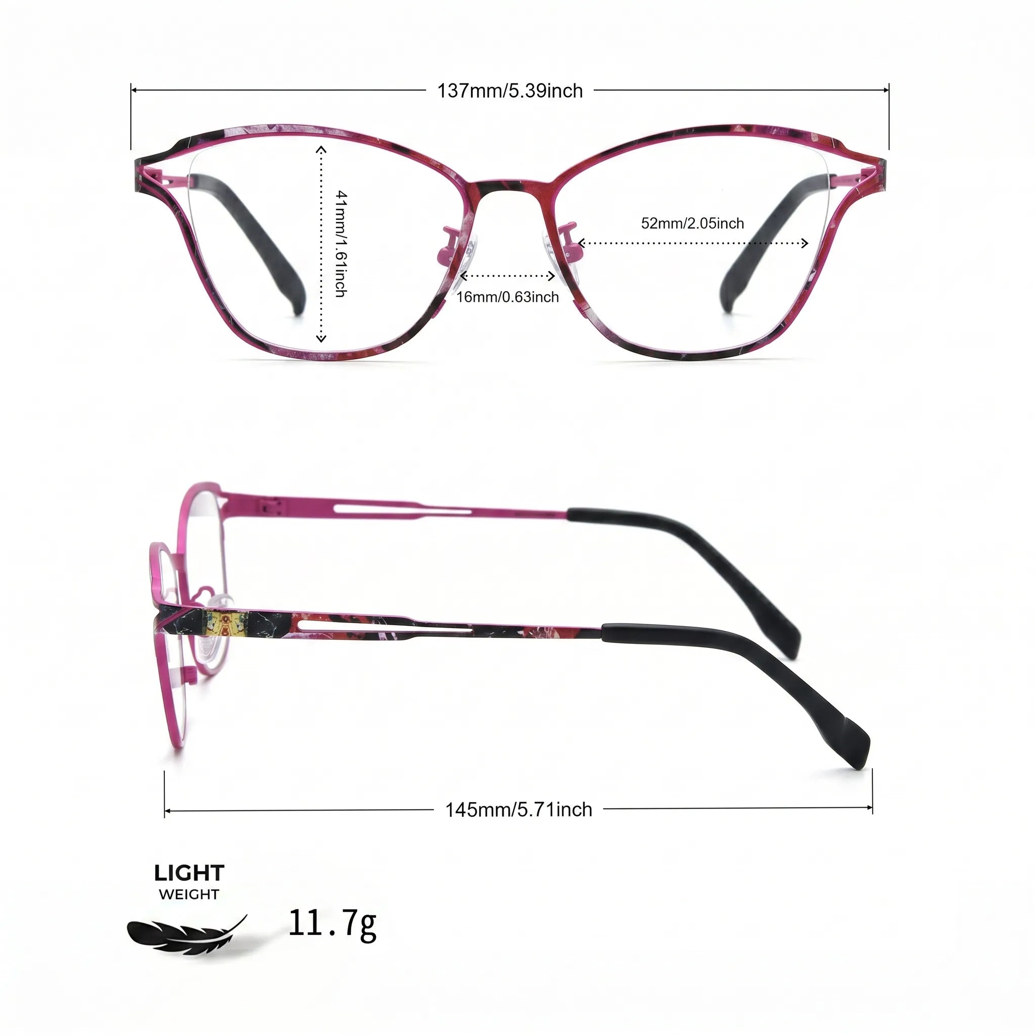 Barledear Fuchsia Mosaic eyeglasses size chart with 137 mm frame width, 52 mm lens width, 41 mm lens height, 16 mm bridge, and 145 mm temple