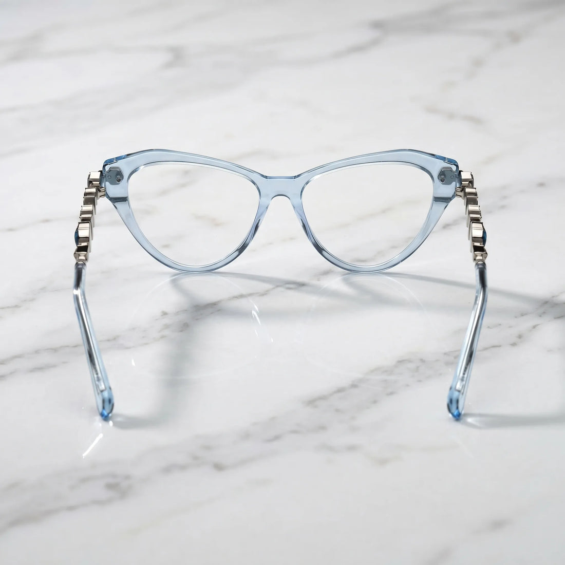 Barledear Glacier Blue eyeglasses back view showing the full-rim cat-eye structure, molded nose pads, and transparent acetate temple tips