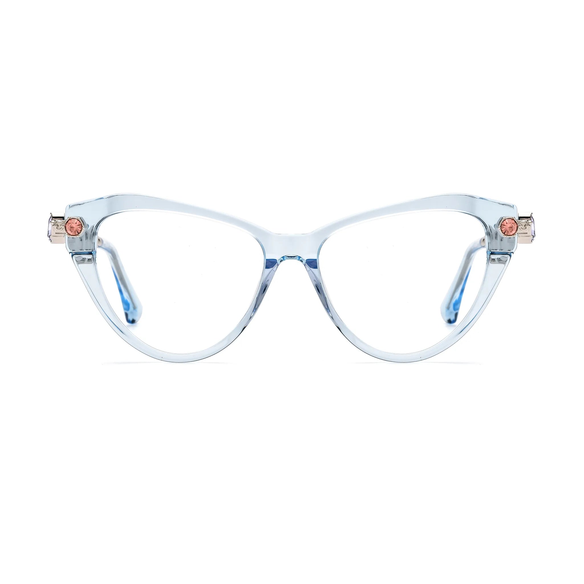 Barledear Glacier Blue geometric cat-eye eyeglasses front view with a transparent icy blue acetate frame and silver-tone jeweled temples