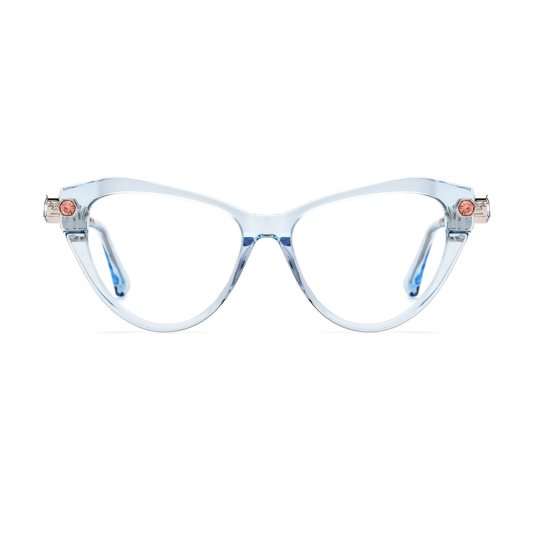 Barledear Glacier Blue geometric cat-eye eyeglasses front view with a transparent icy blue acetate frame and silver-tone jeweled temples