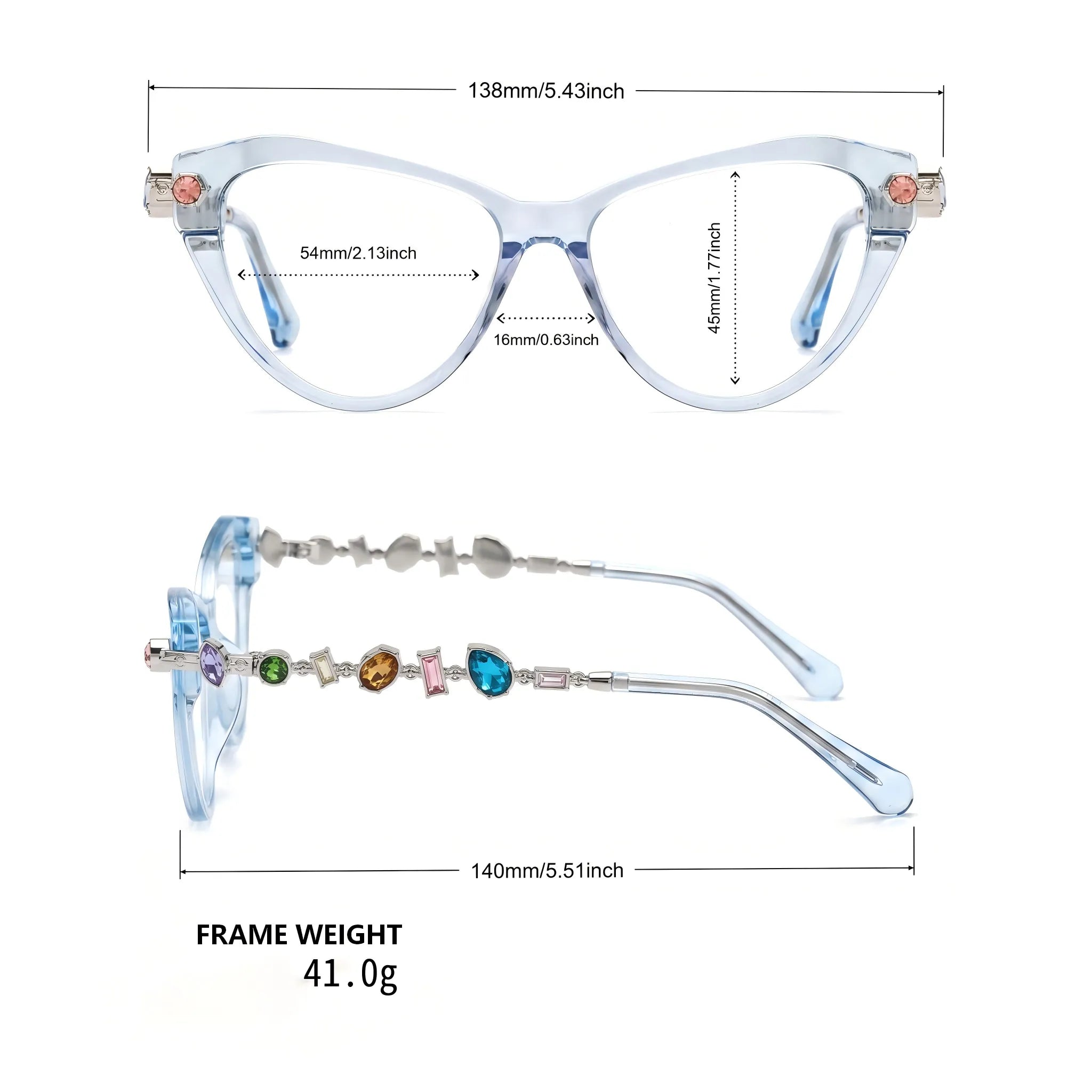 Barledear Glacier Blue cat-eye eyeglasses size chart showing 138 mm frame width, 54 mm lens width, 45 mm lens height, 16 mm bridge, and 140 mm temples