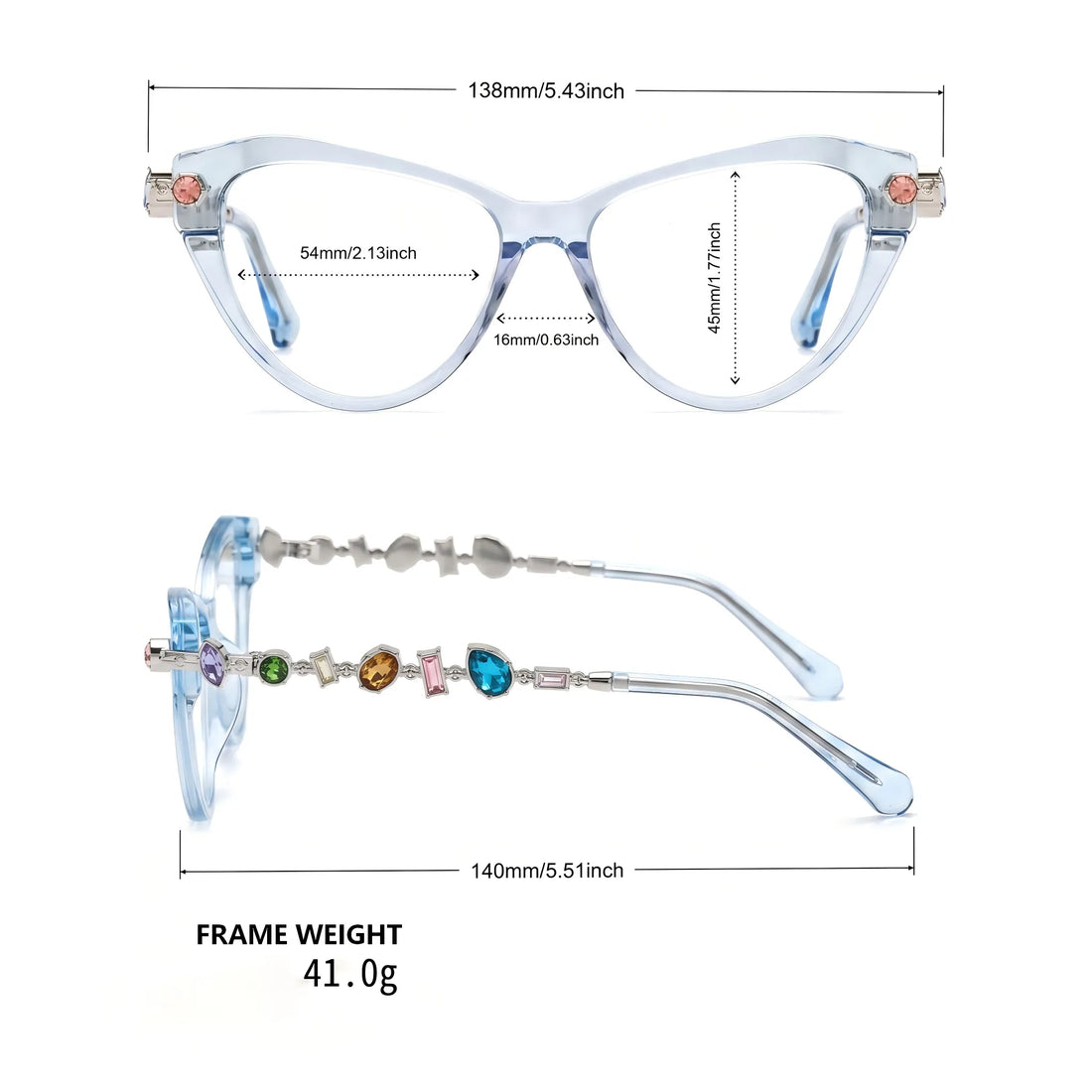 Barledear Glacier Blue cat-eye eyeglasses size chart showing 138 mm frame width, 54 mm lens width, 45 mm lens height, 16 mm bridge, and 140 mm temples