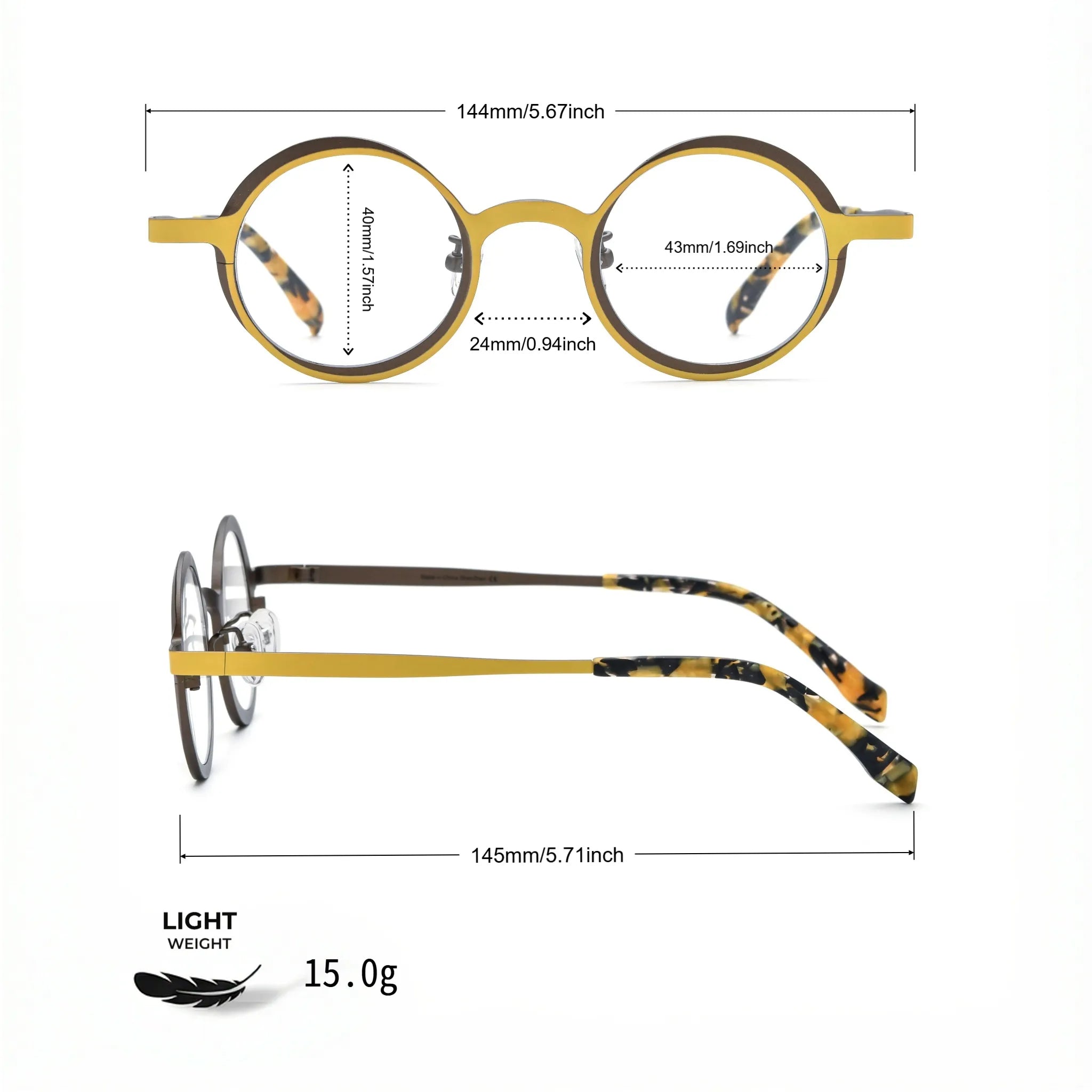 Barledear Golden Walnut round pure titanium eyeglasses size chart with 144 mm frame width 43 mm lens width 40 mm lens height 24 mm bridge and 145 mm temple length