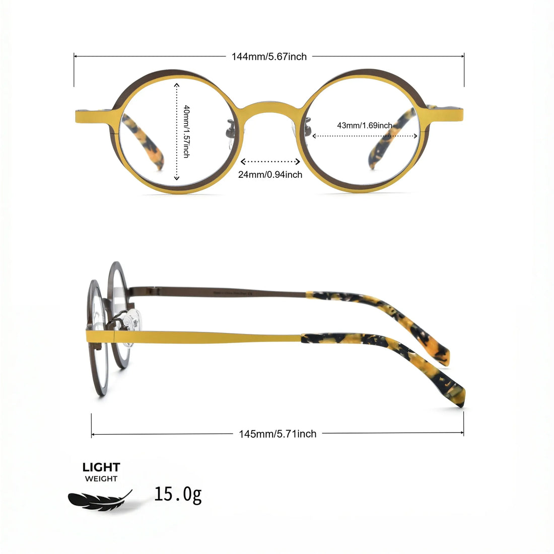 Barledear Golden Walnut round pure titanium eyeglasses size chart with 144 mm frame width 43 mm lens width 40 mm lens height 24 mm bridge and 145 mm temple length