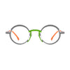 Barledear Graphite Gray Citrus Orange eyeglasses front view with a lightweight pure titanium round frame and color-block bridge design