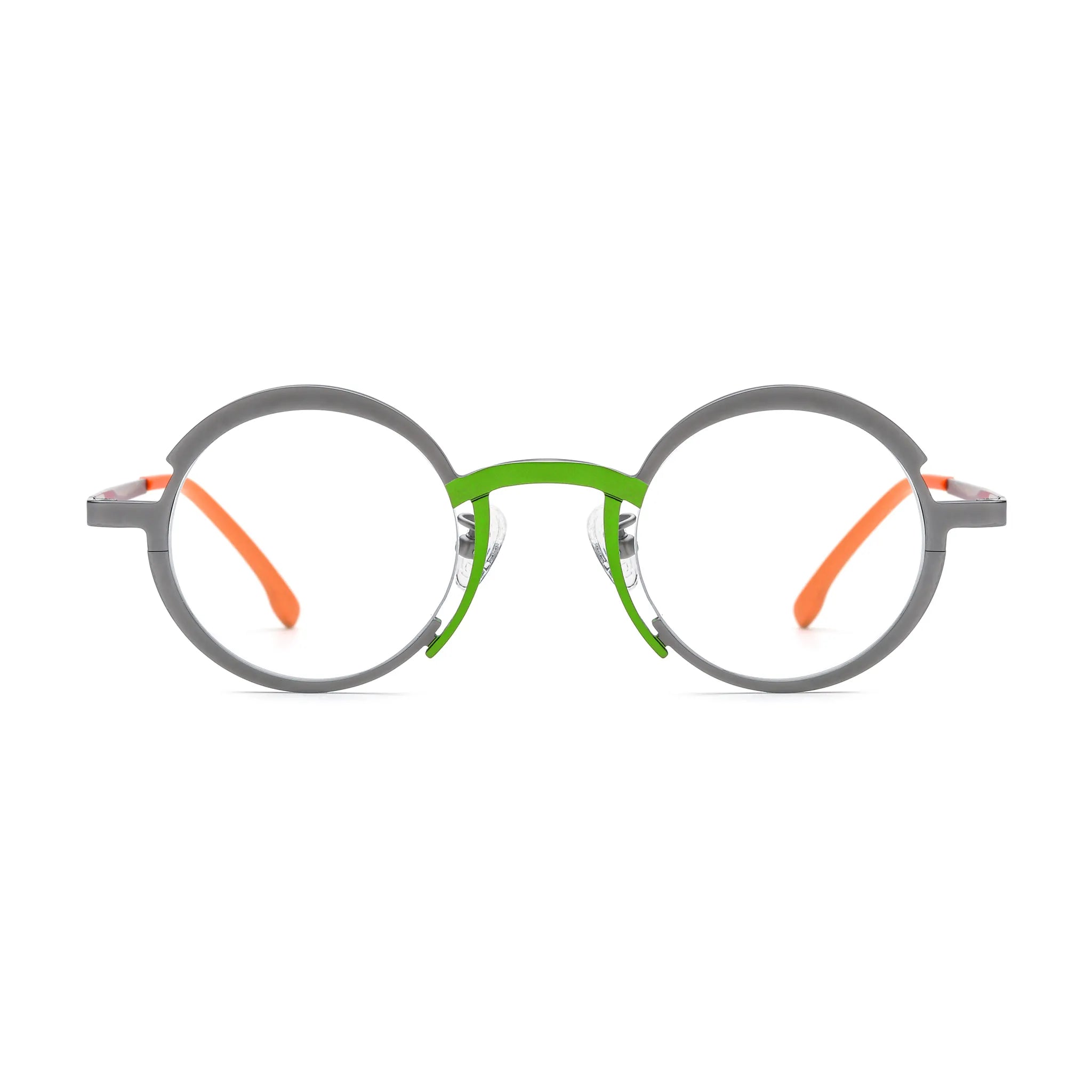 Barledear Graphite Gray Citrus Orange eyeglasses front view with a lightweight pure titanium round frame and color-block bridge design