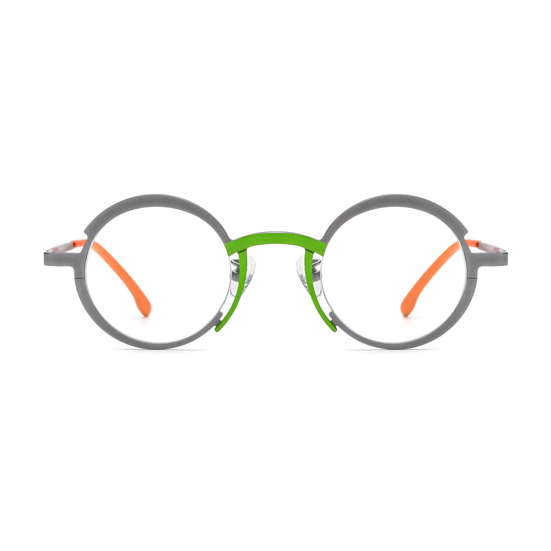 Barledear Graphite Gray Citrus Orange eyeglasses front view with a lightweight pure titanium round frame and color-block bridge design