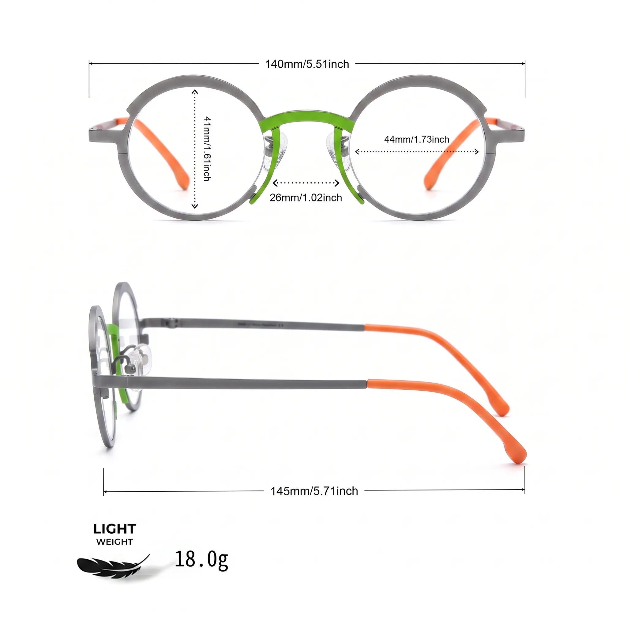 Barledear Graphite Gray Citrus Orange eyeglasses size chart with 140 mm frame width, 44 mm lens width, 41 mm lens height, 26 mm bridge, and 145 mm temple length