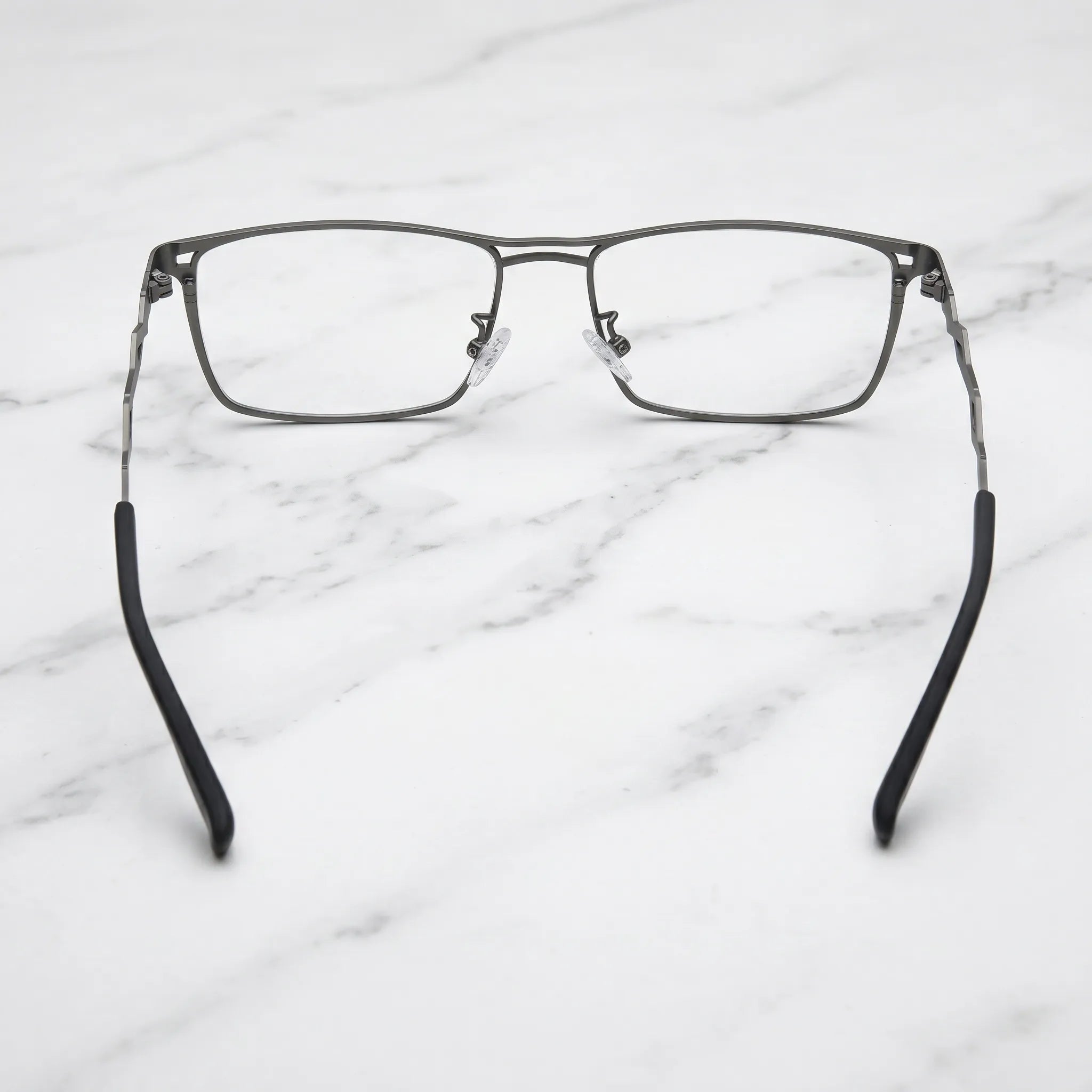 Barledear Graphite Gunmetal eyeglasses back view showing adjustable nose pads, full-rim frame, and temple construction