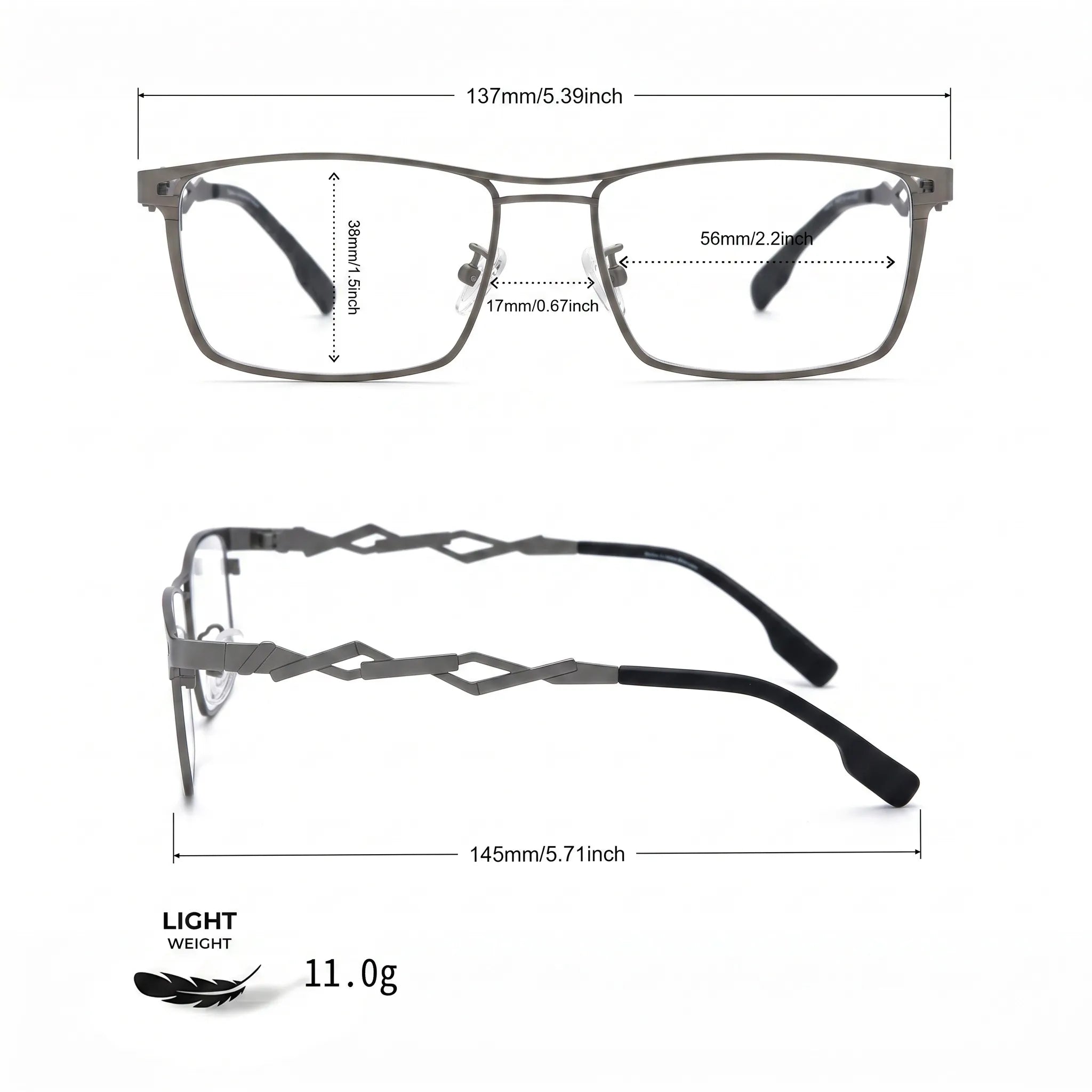 Barledear Graphite Gunmetal eyeglasses size chart with 137 mm frame width, 56 mm lens width, 38 mm lens height, 17 mm bridge, and 145 mm temple