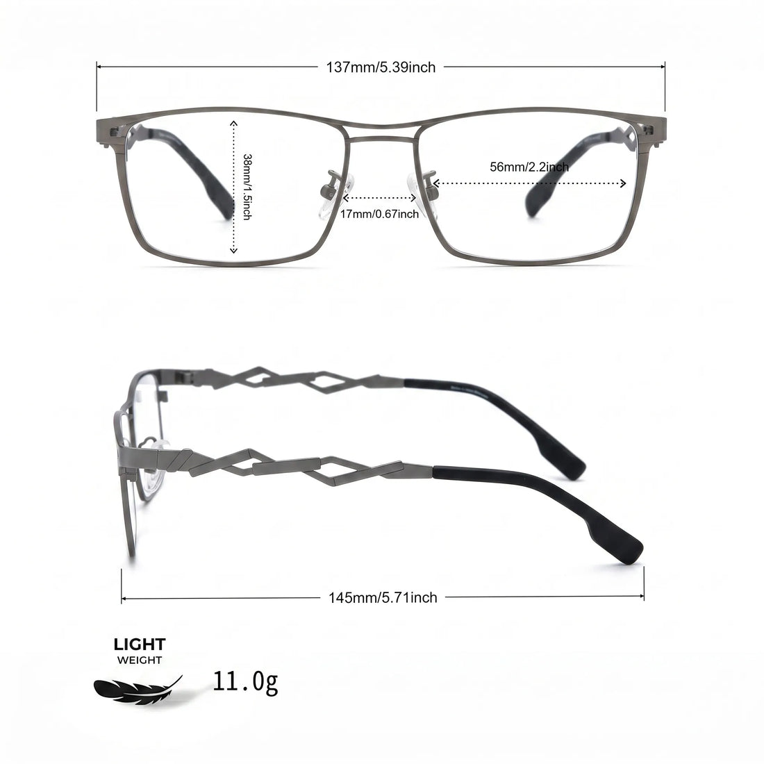 Barledear Graphite Gunmetal eyeglasses size chart with 137 mm frame width, 56 mm lens width, 38 mm lens height, 17 mm bridge, and 145 mm temple