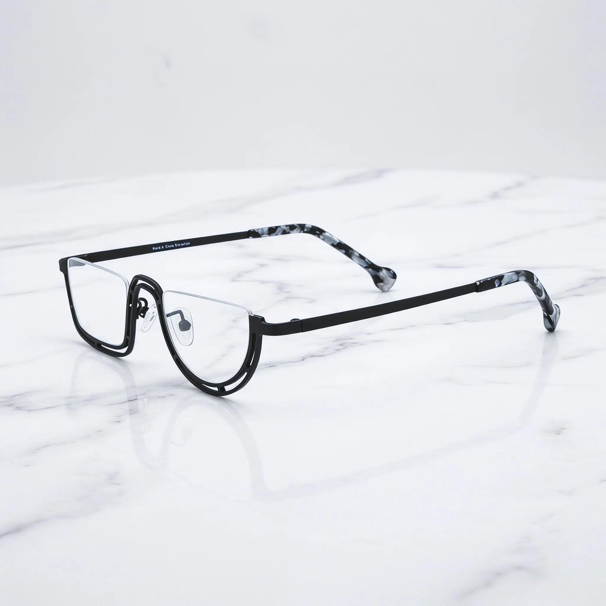 Barledear Graphite Mosaic Black eyeglasses angled side view showing patterned titanium temples and bridge