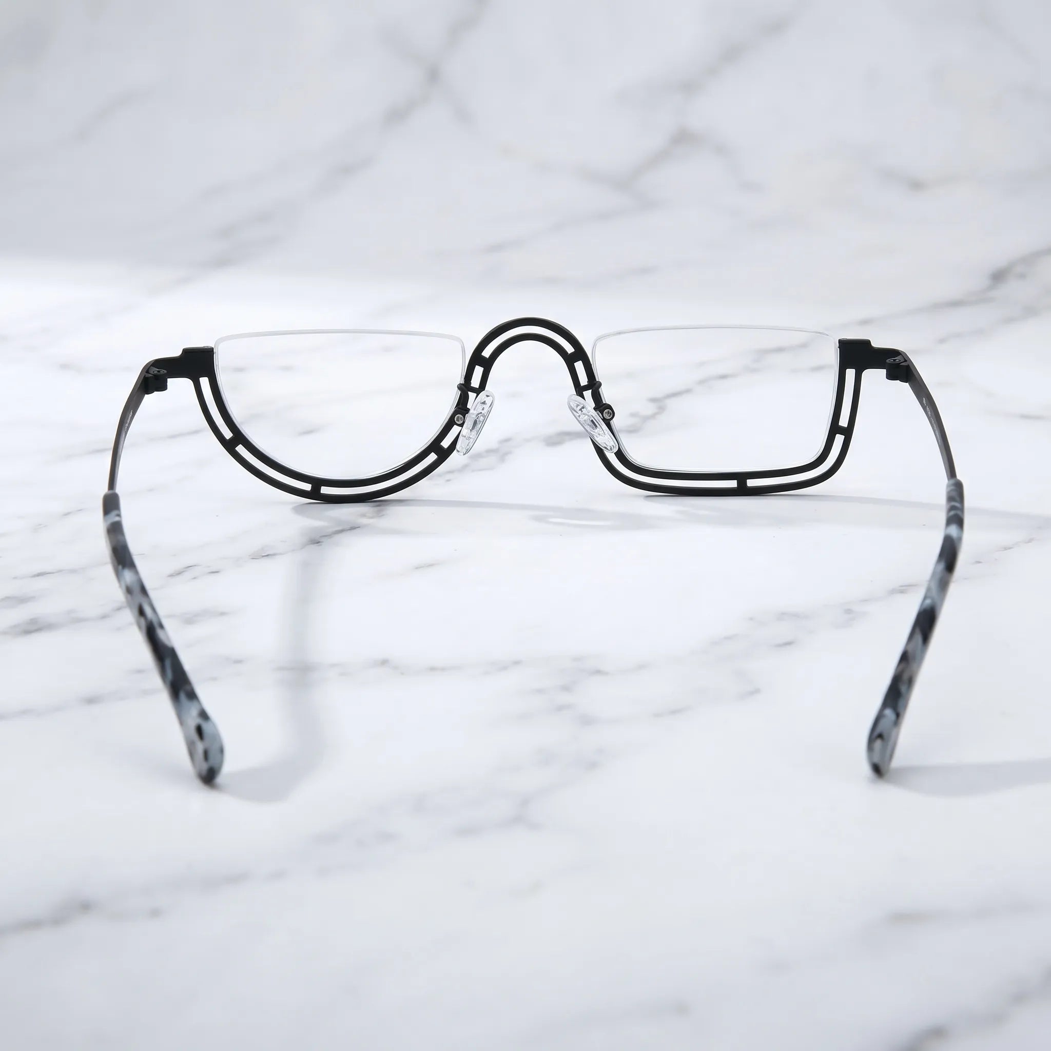 Barledear Graphite Mosaic Black eyeglasses back view showing temple shape and semi-rim frame structure