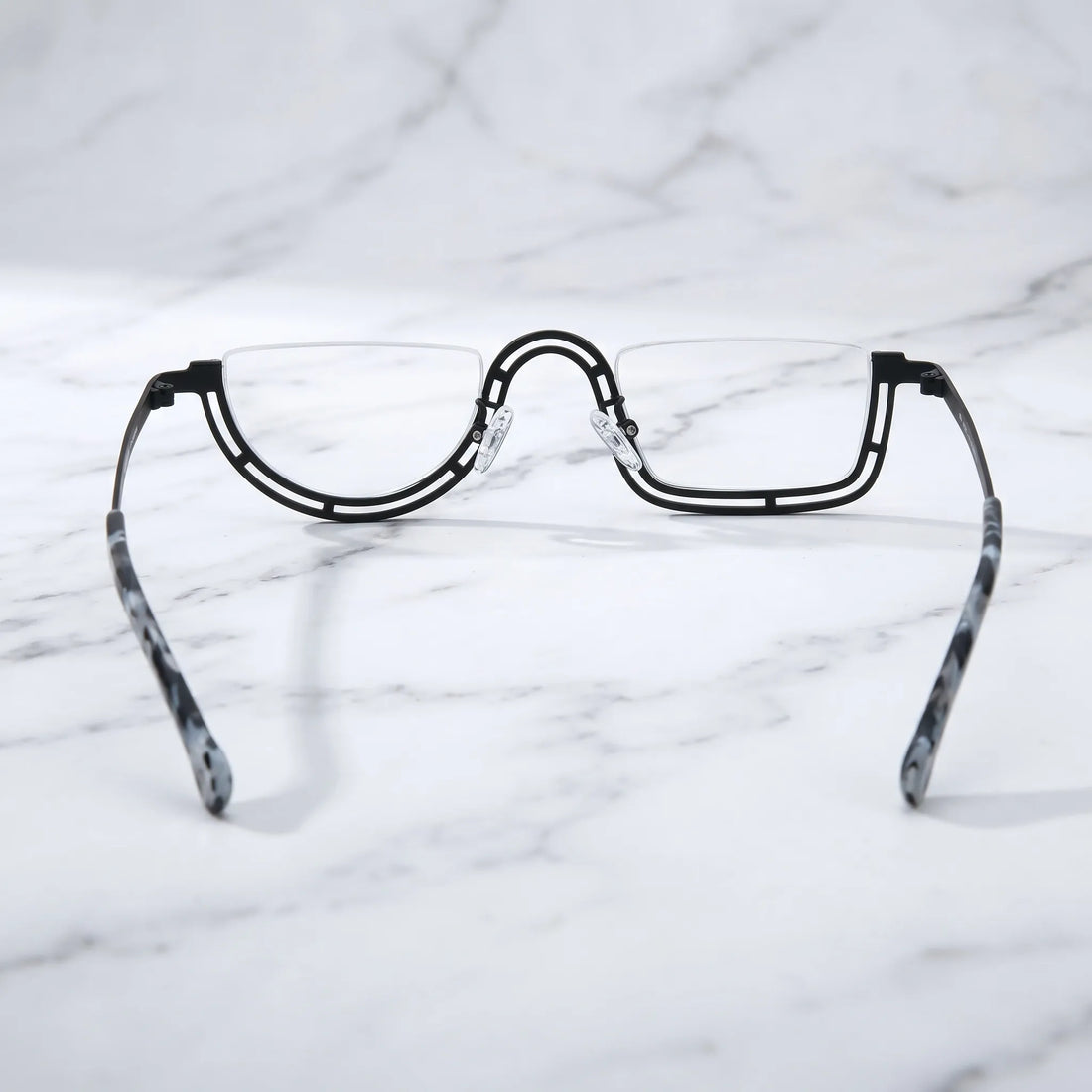Barledear Graphite Mosaic Black eyeglasses back view showing temple shape and semi-rim frame structure