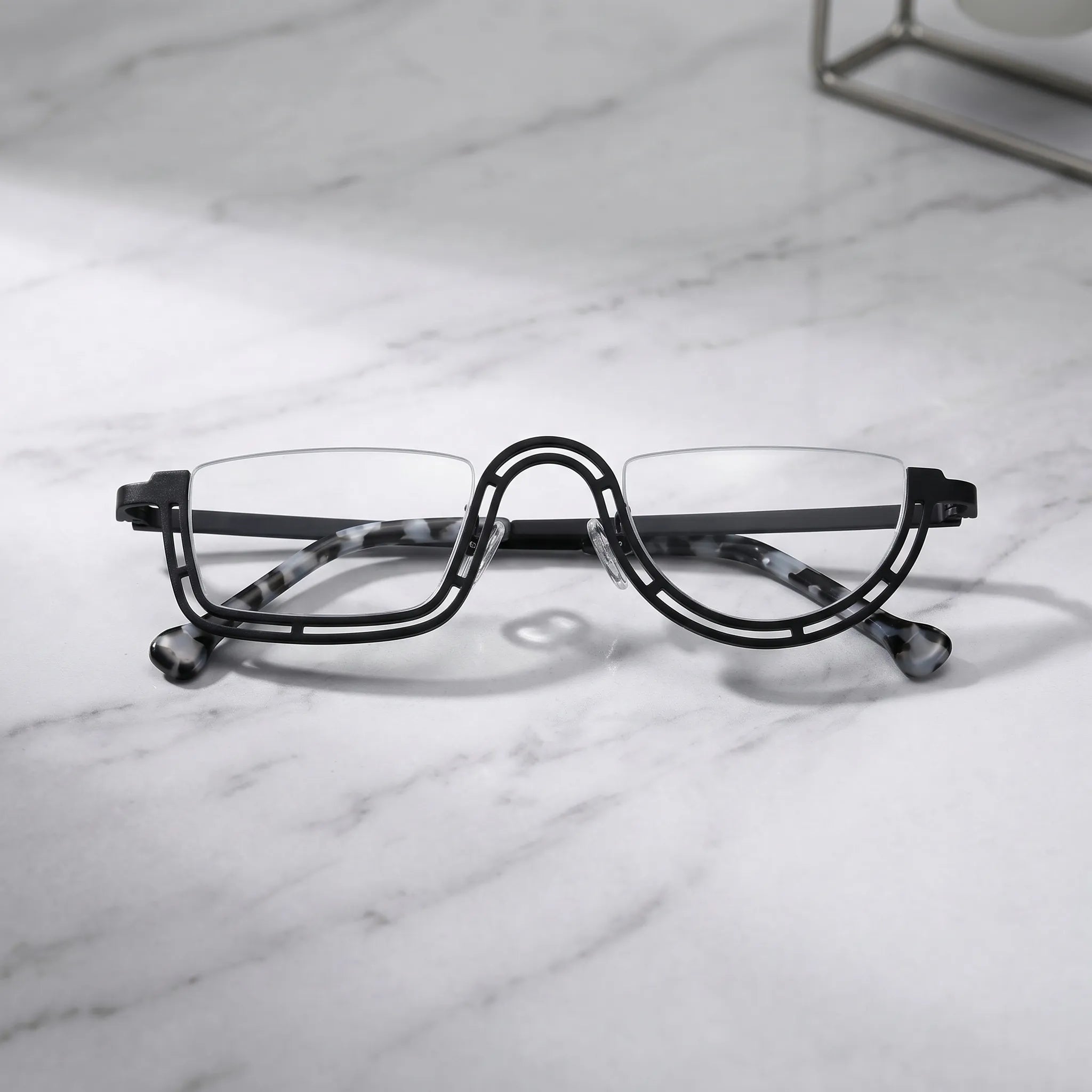 Barledear Graphite Mosaic Black eyeglasses folded display showing slim temples and artistic frame design