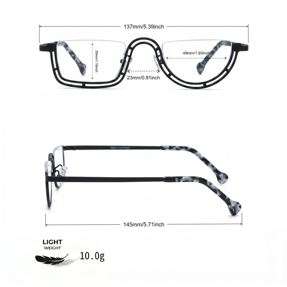 Barledear Graphite Mosaic Black eyeglasses size chart with 137 mm frame width 49 mm lens width 30 mm lens height 23 mm bridge and 145 mm temple