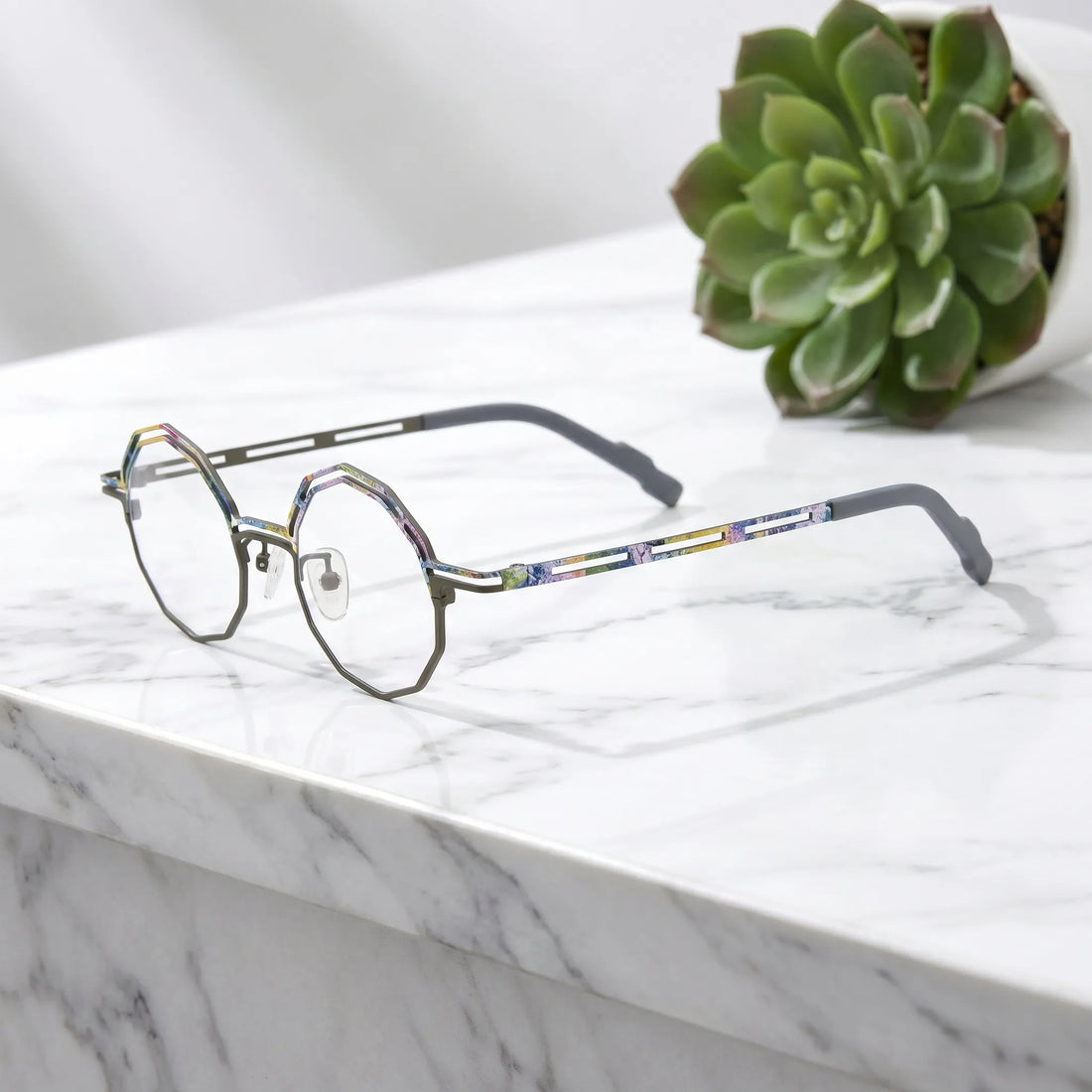 Barledear Graphite Mosaic eyeglasses angled side view showing slim cutout temples and bridge detail