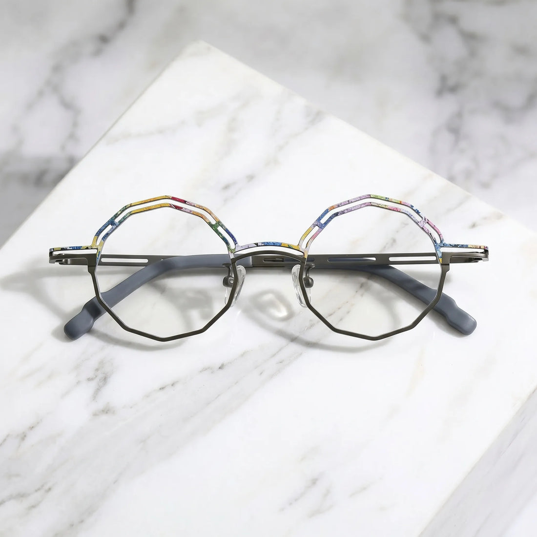 Barledear Graphite Mosaic eyeglasses folded display showing frame and temple design