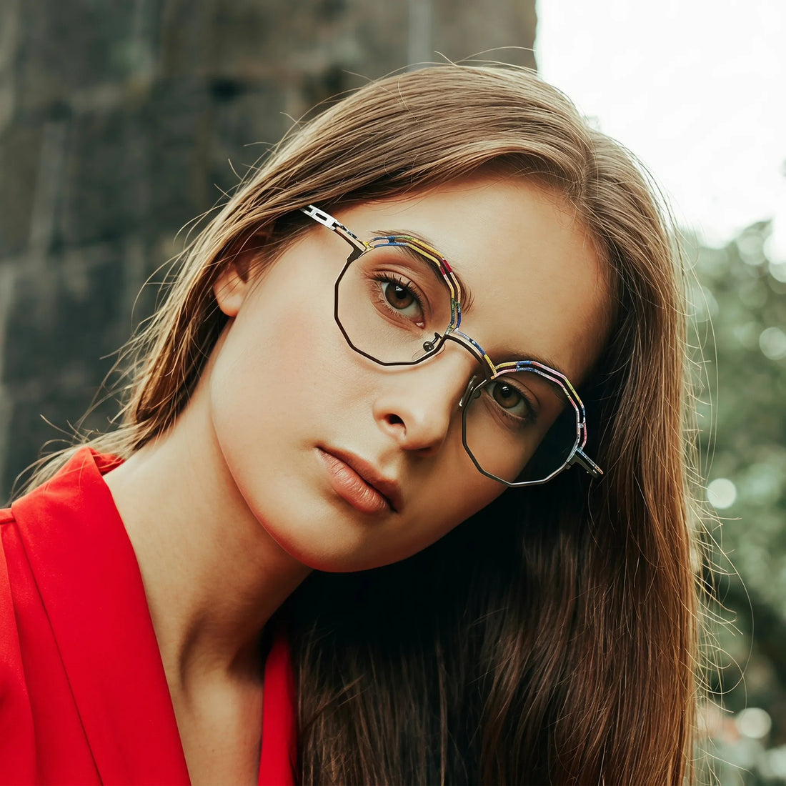 Model wearing Barledear Graphite Mosaic eyeglasses in a lifestyle portrait