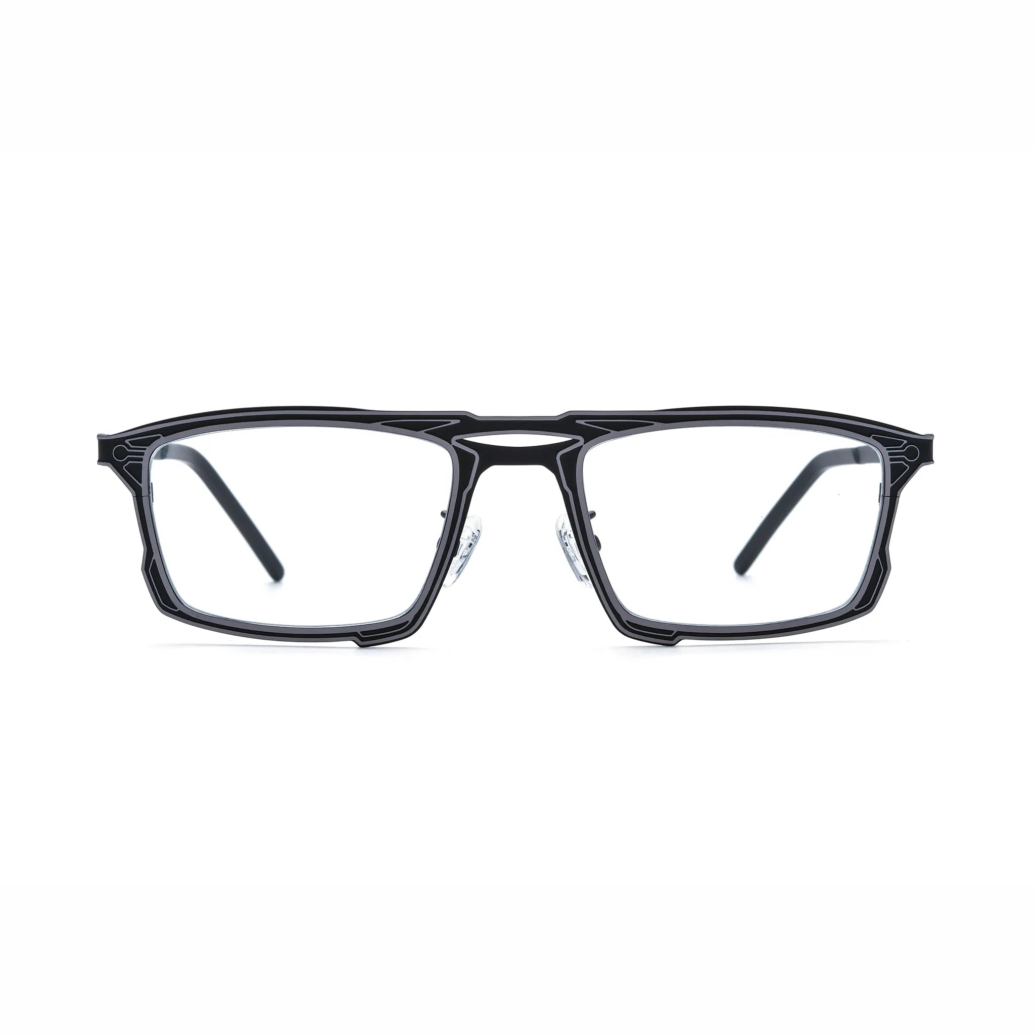 Barledear Graphite Noir eyeglasses front view with lightweight square pure titanium frame and futuristic geometric line detailing