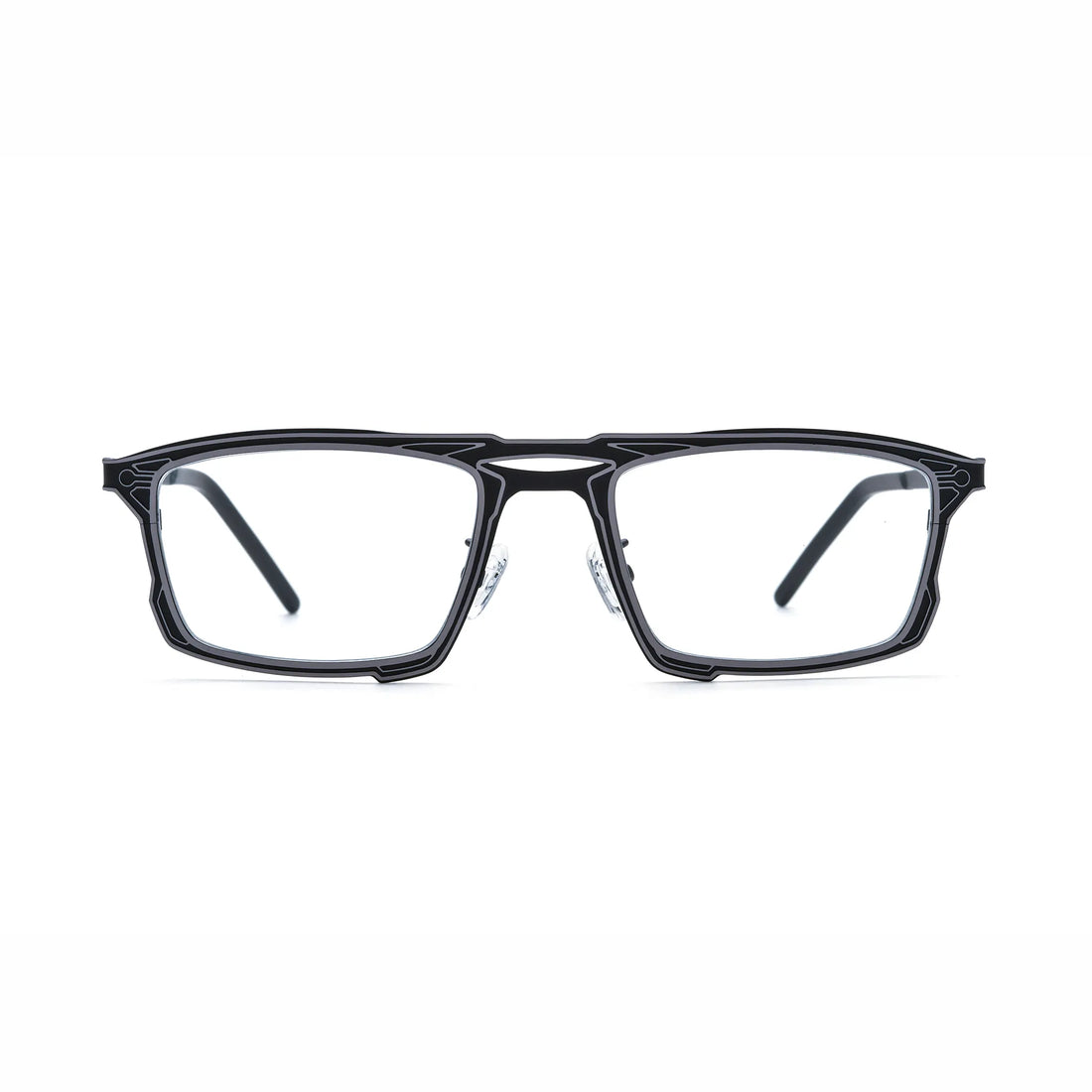 Barledear Graphite Noir eyeglasses front view with lightweight square pure titanium frame and futuristic geometric line detailing
