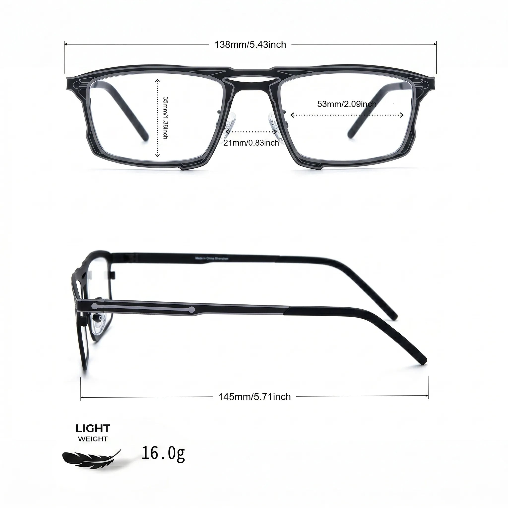 Barledear Graphite Noir eyeglasses size chart showing 138 mm frame width, 53 mm lens width, 35 mm lens height, 21 mm bridge, and 145 mm temple length