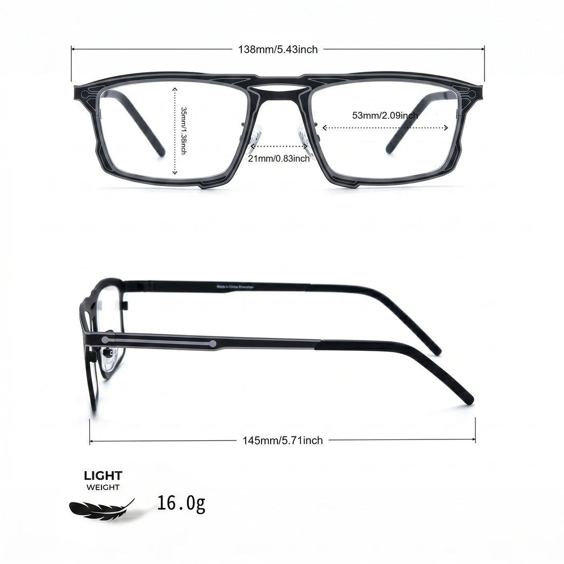 Barledear Graphite Noir eyeglasses size chart showing 138 mm frame width, 53 mm lens width, 35 mm lens height, 21 mm bridge, and 145 mm temple length
