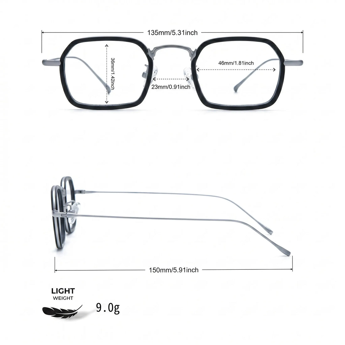 Barledear Graphite Titanium Silver eyeglasses size chart with frame width lens width bridge and temple measurements