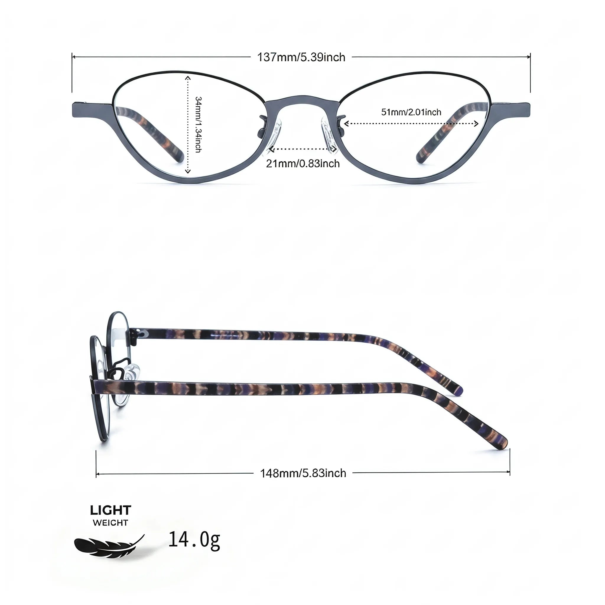 Barledear Graphite Tortoise eyeglasses size chart with 137 mm frame width 51 mm lens width 34 mm lens height 21 mm bridge and 148 mm temple length