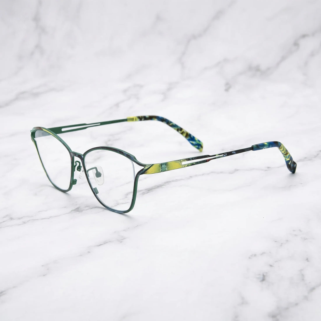 arledear Green Mosaic eyeglasses angled side view showing slim cutout temples and adjustable nose pads