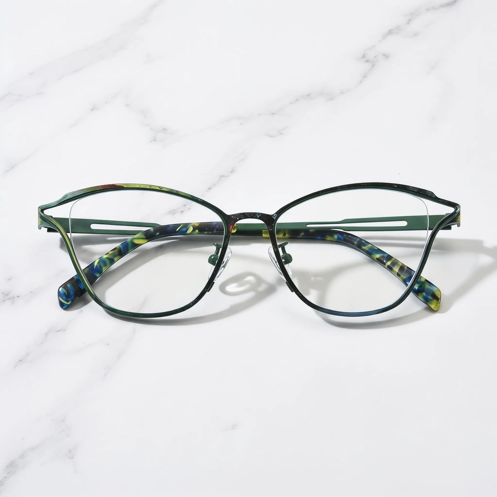 Barledear Green Mosaic eyeglasses folded display showing slim titanium frame and patterned temple design