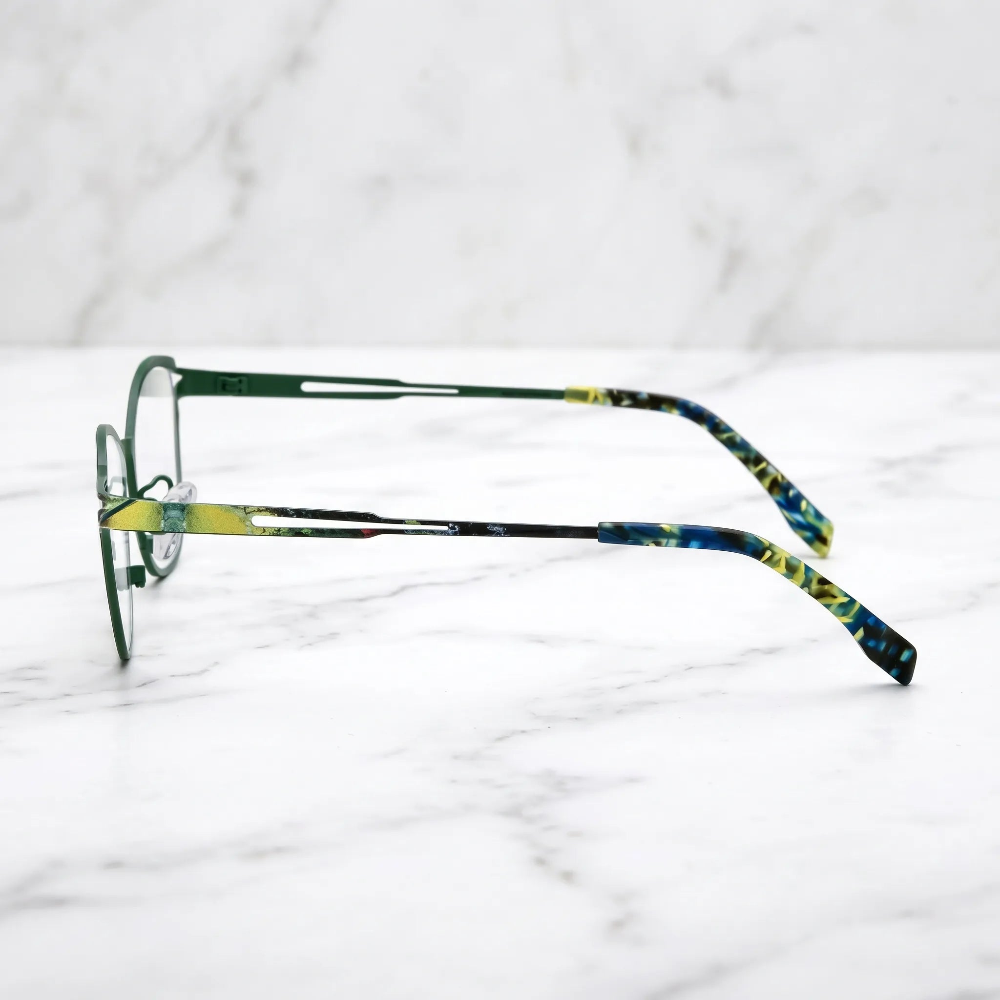 Barledear Green Mosaic eyeglasses angled side view showing slim cutout temples and adjustable nose pads