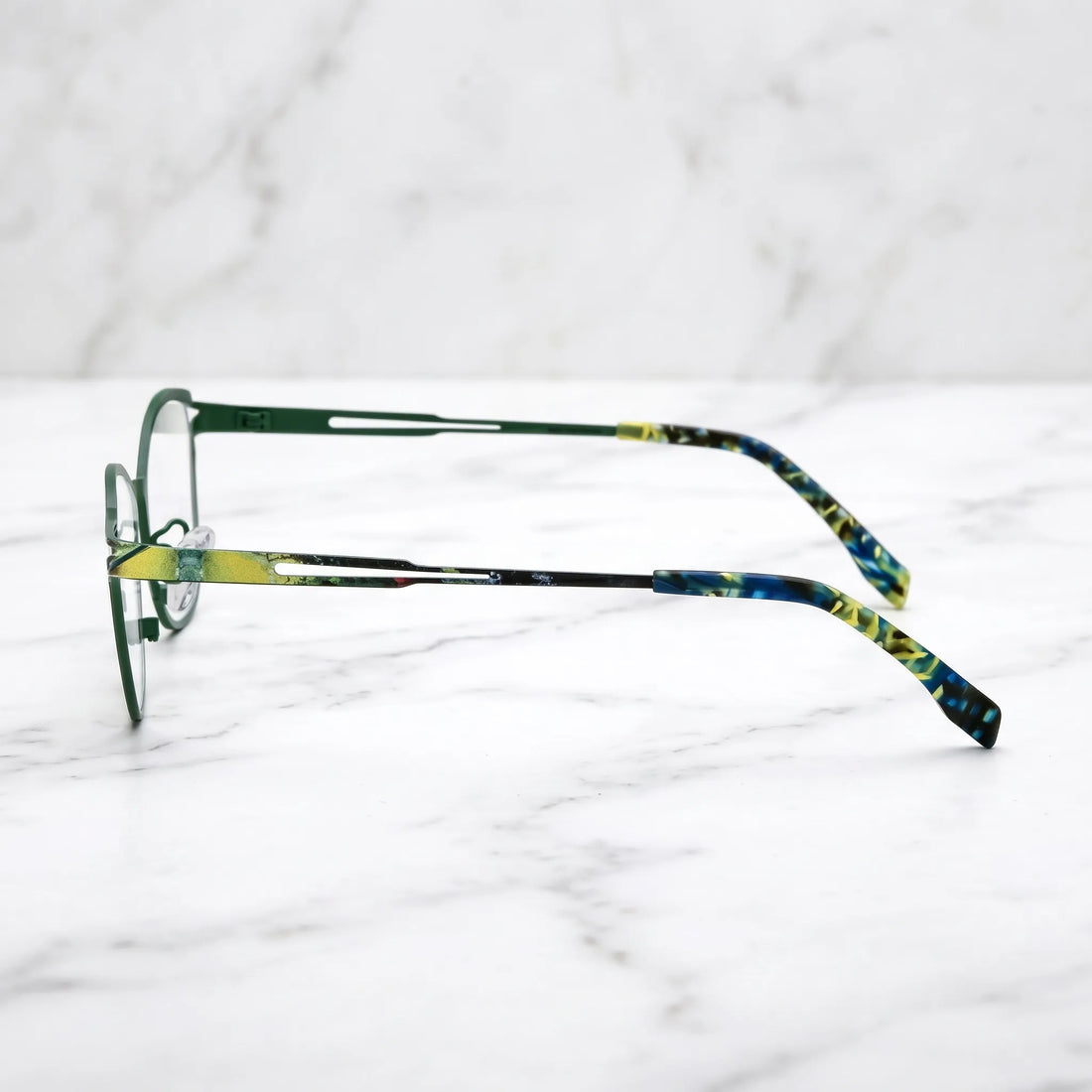 Barledear Green Mosaic eyeglasses angled side view showing slim cutout temples and adjustable nose pads