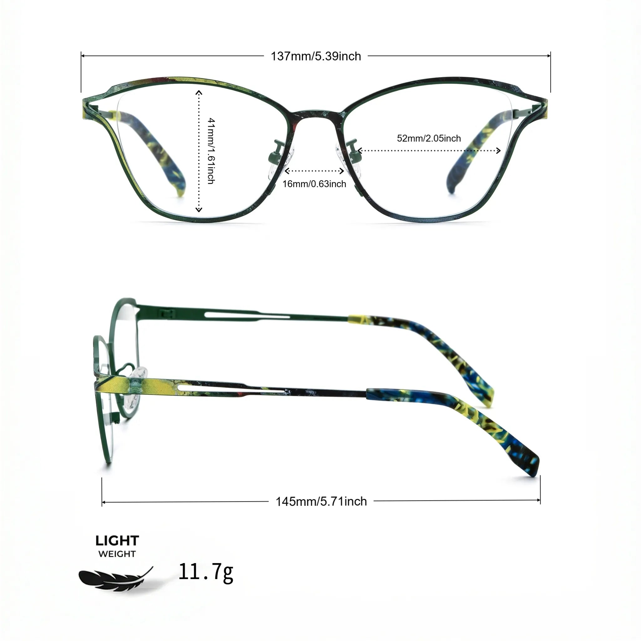 Barledear Green Mosaic eyeglasses size chart with 137 mm frame width, 52 mm lens width, 41 mm lens height, 16 mm bridge, and 145 mm temple