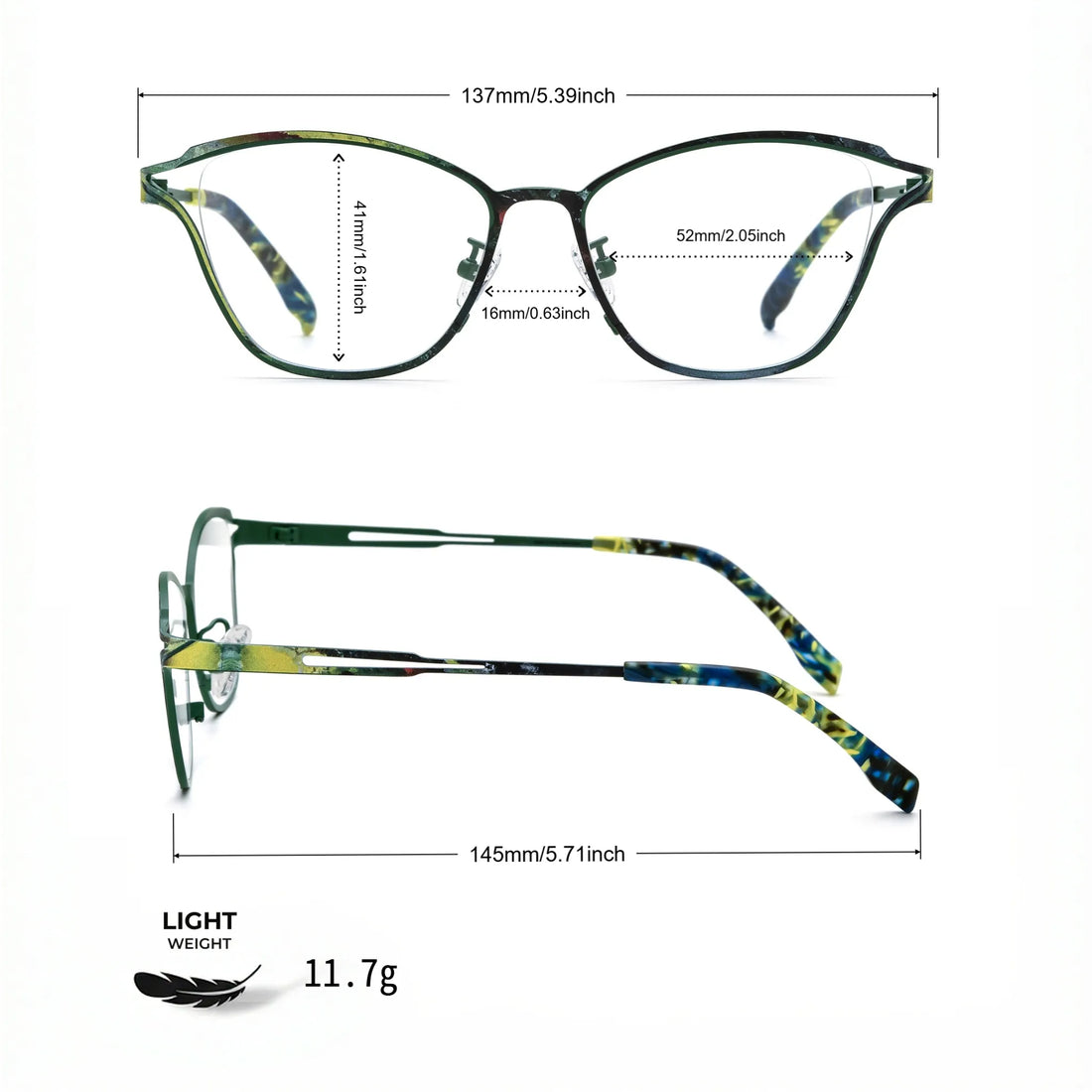Barledear Green Mosaic eyeglasses size chart with 137 mm frame width, 52 mm lens width, 41 mm lens height, 16 mm bridge, and 145 mm temple