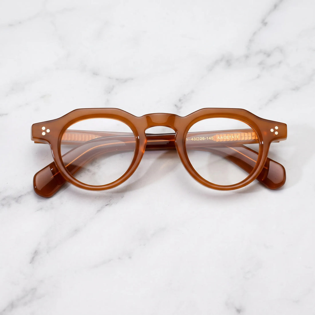 Barledear Honey Amber retro geometric acetate eyeglasses showing translucent amber temples and embedded metal temple cores