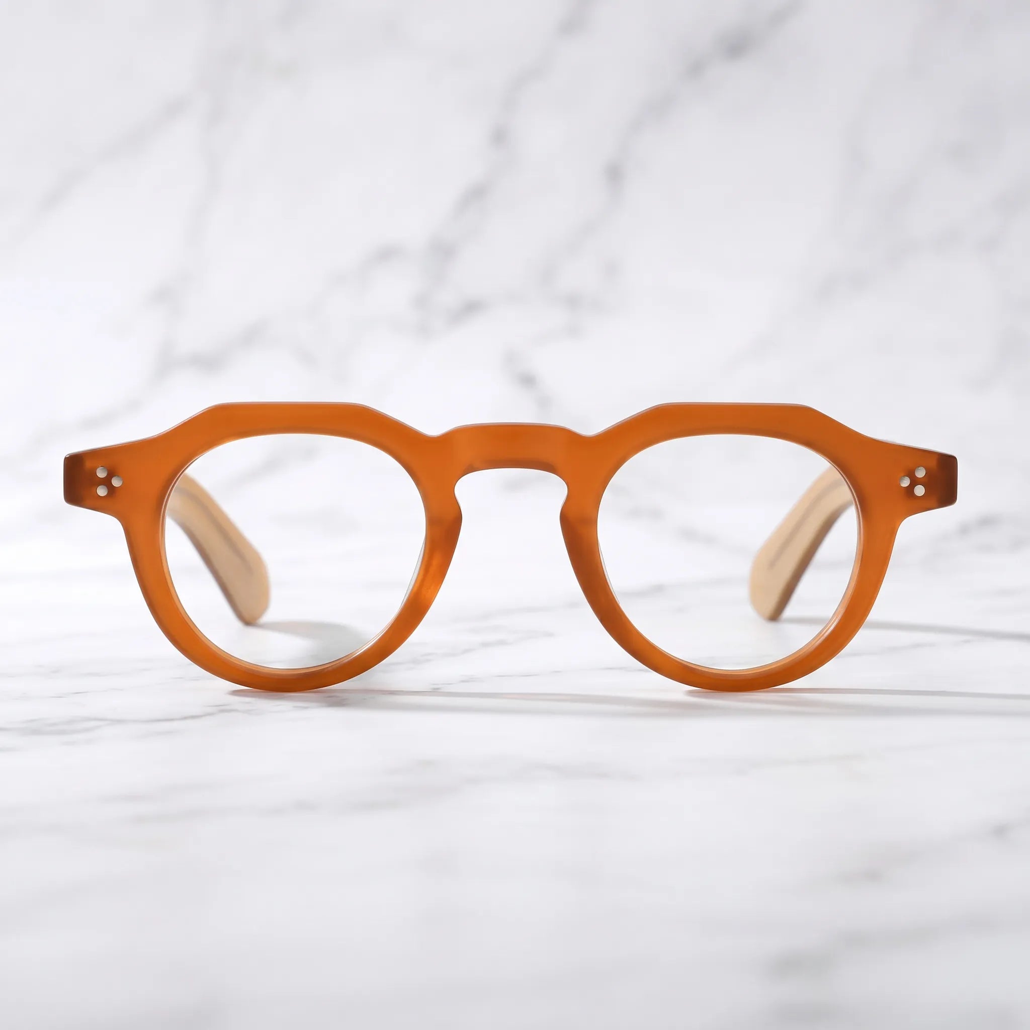 Barledear Honey Amber retro geometric acetate eyeglasses showing the warm amber acetate frame in a clean lifestyle setting