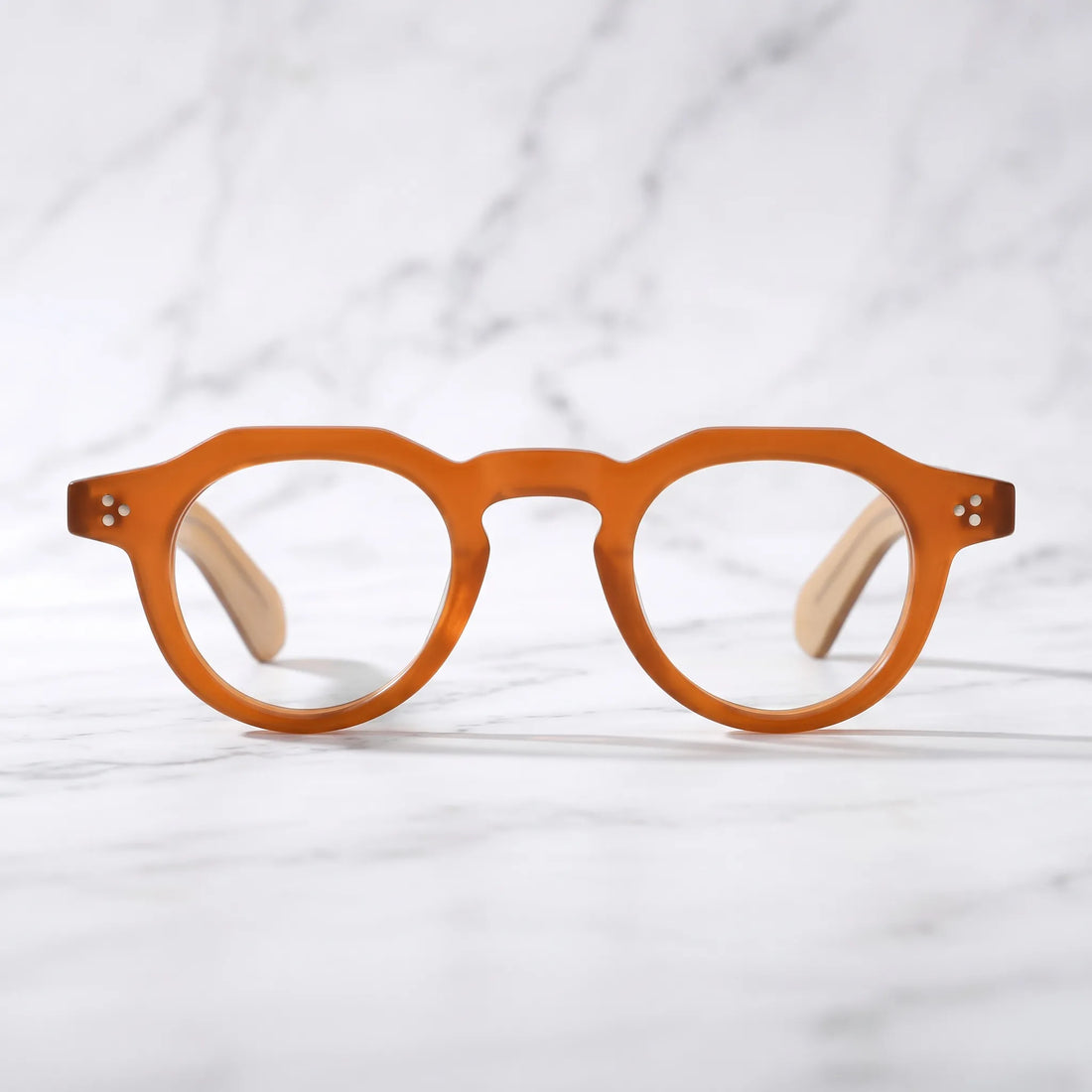 Barledear Honey Amber retro geometric acetate eyeglasses showing the warm amber acetate frame in a clean lifestyle setting