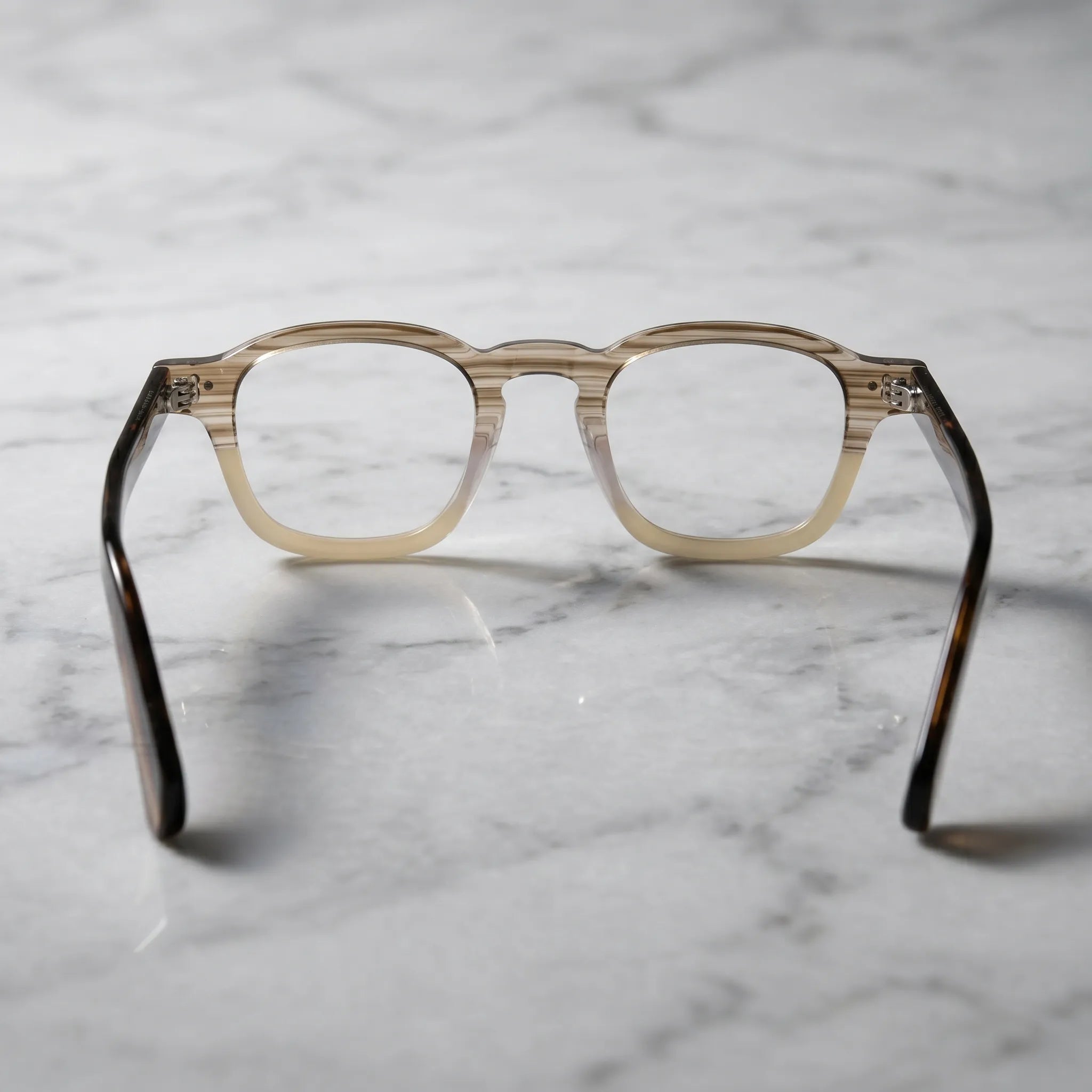 Barledear Honey Crystal Brown eyeglasses back view showing integrated nose pads, temple shape, and full-rim frame structure