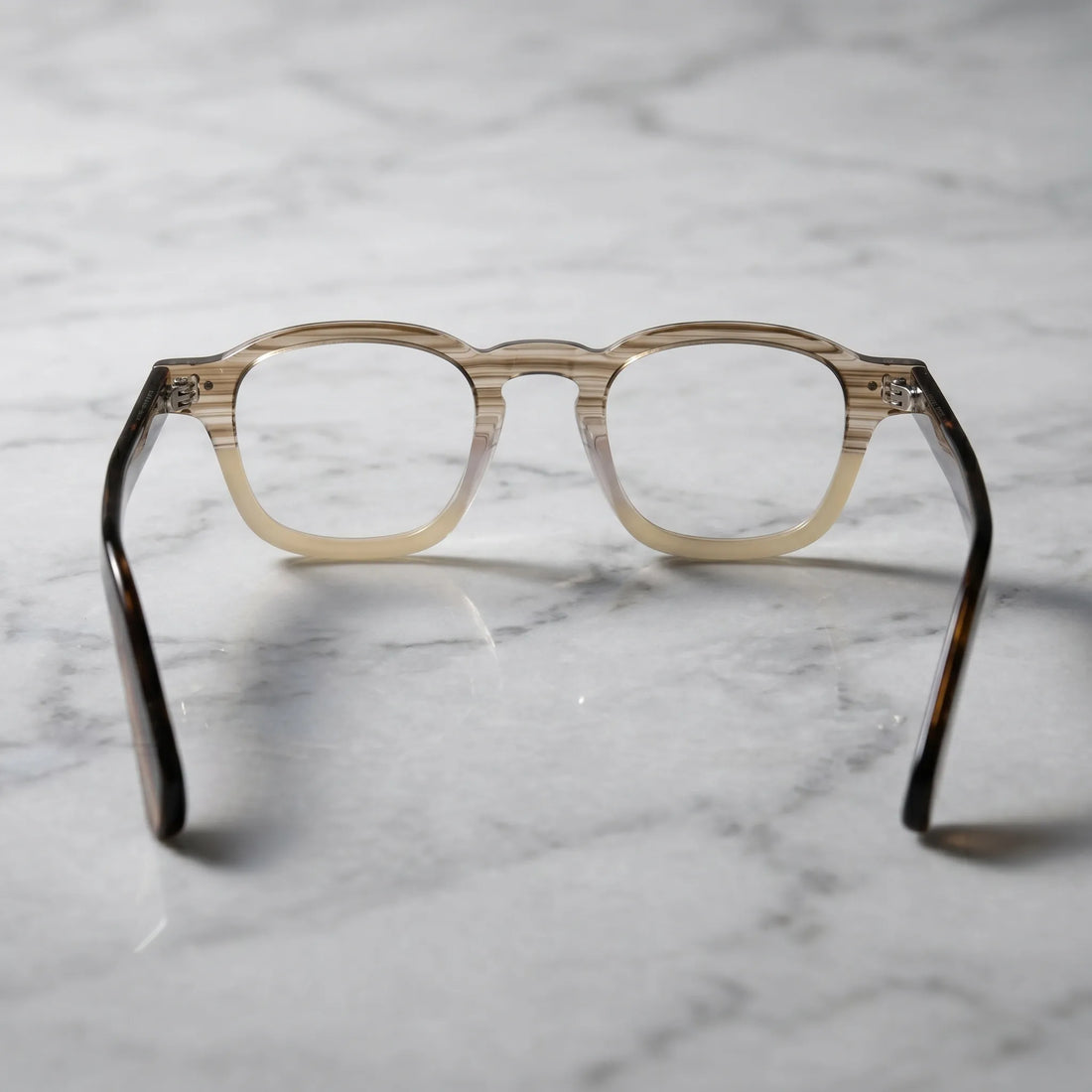 Barledear Honey Crystal Brown eyeglasses back view showing integrated nose pads, temple shape, and full-rim frame structure