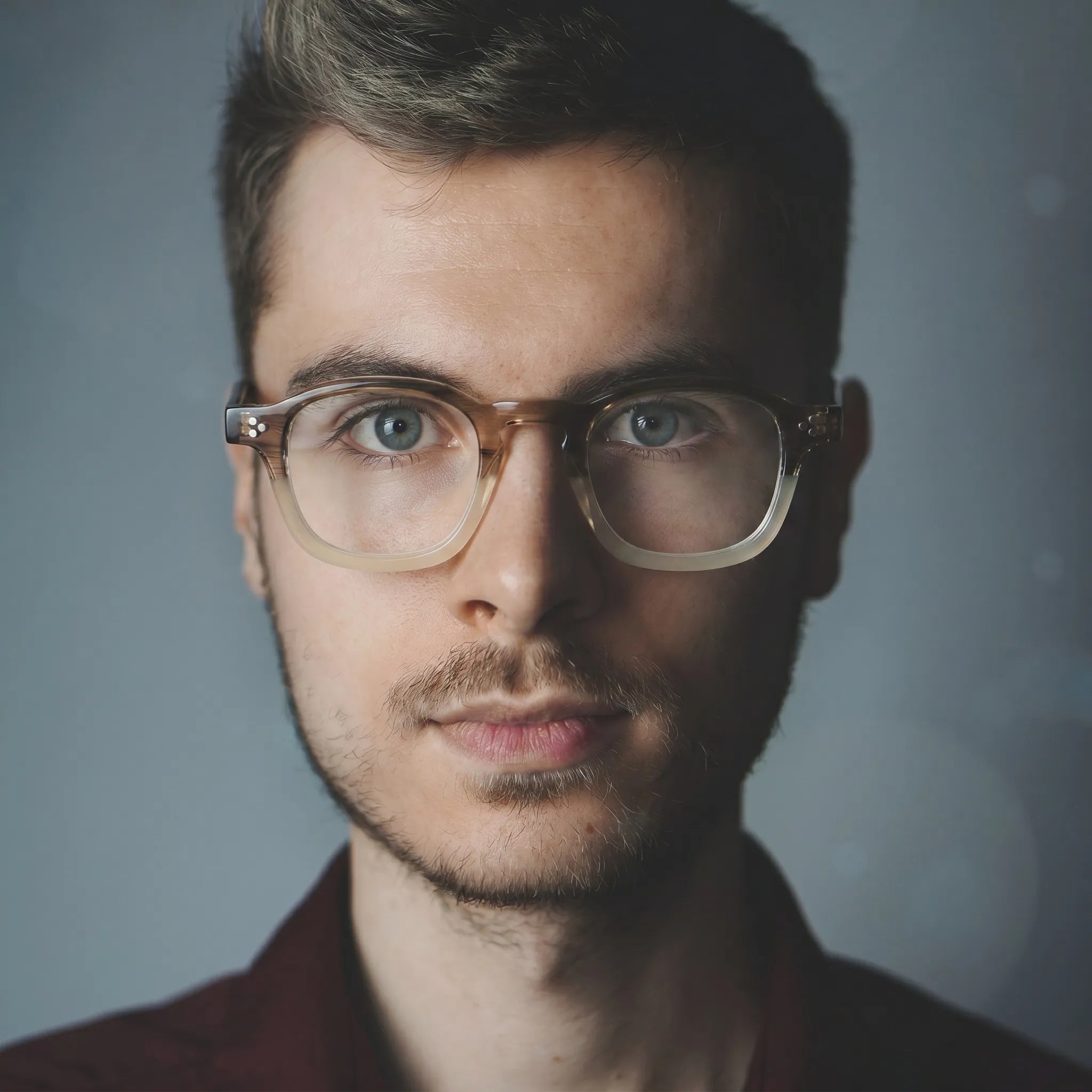 model wearing Barledear Honey Crystal Brown eyeglasses in a lifestyle portrait with retro square acetate frame