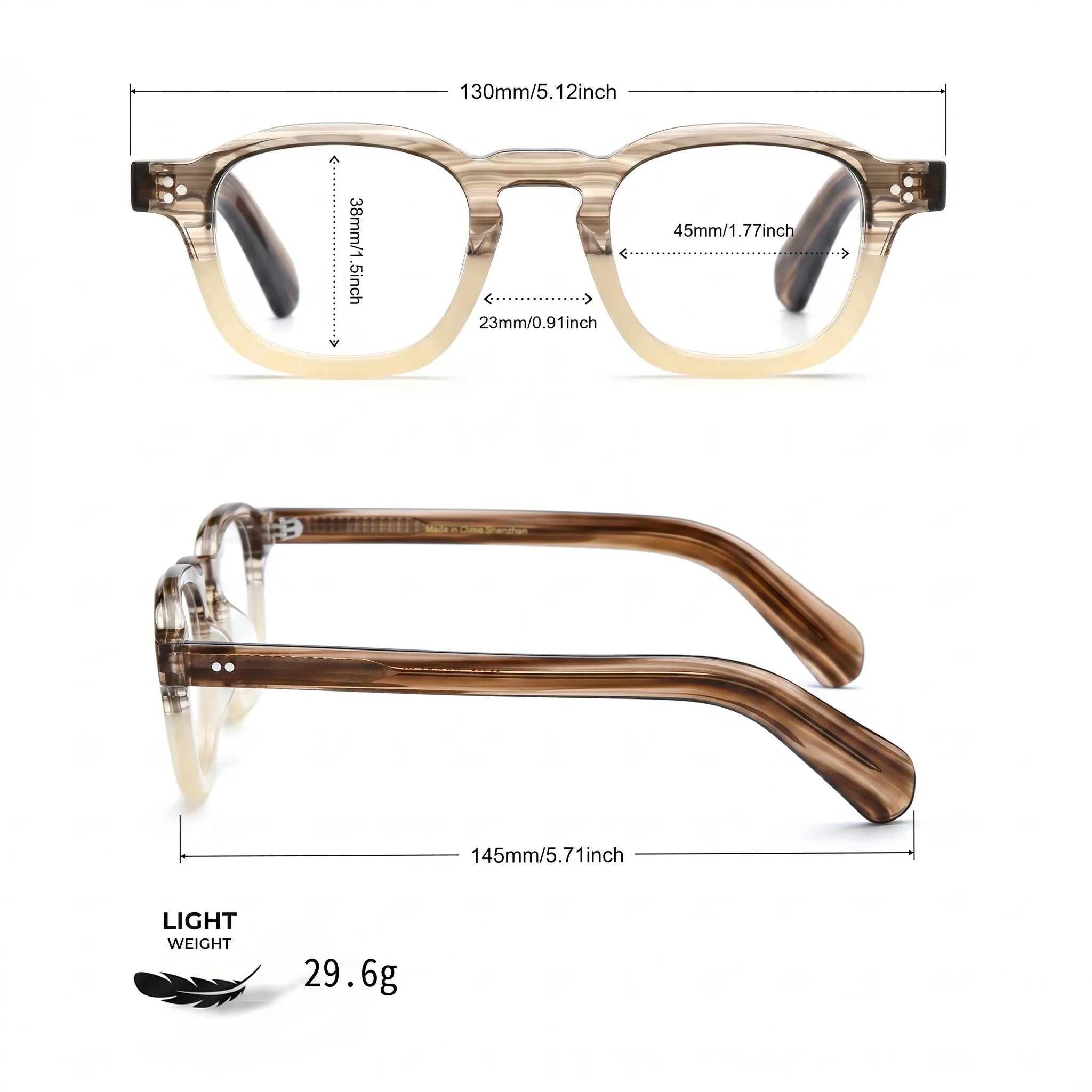 Barledear Honey Crystal Brown eyeglasses size chart with 130 mm frame width, 45 mm lens width, 38 mm lens height, 23 mm bridge, 145 mm temple length, and 29.6 g frame weight