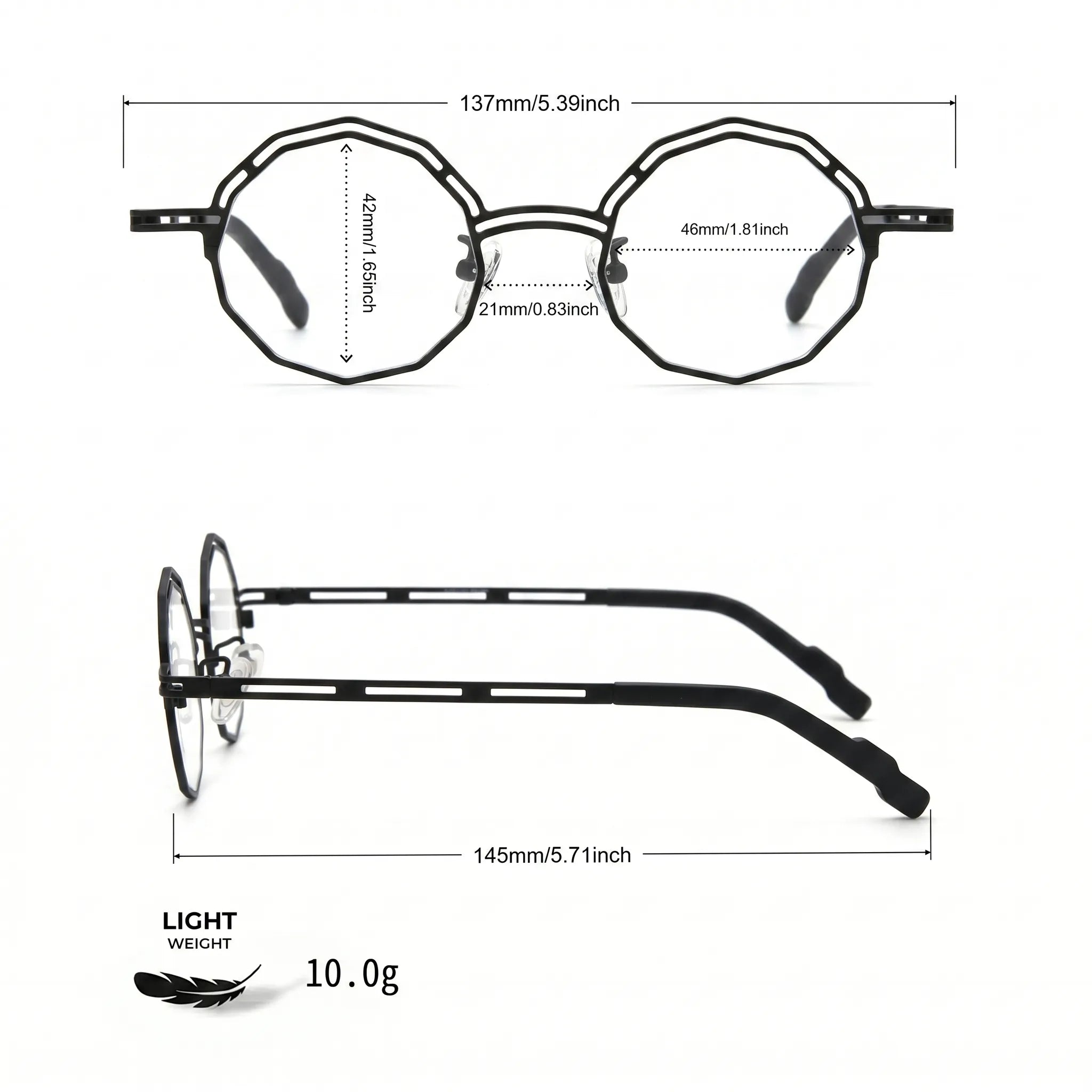 Barledear Ink Noir eyeglasses size chart with 137mm frame width 46mm lens width 21mm bridge and 145mm temples