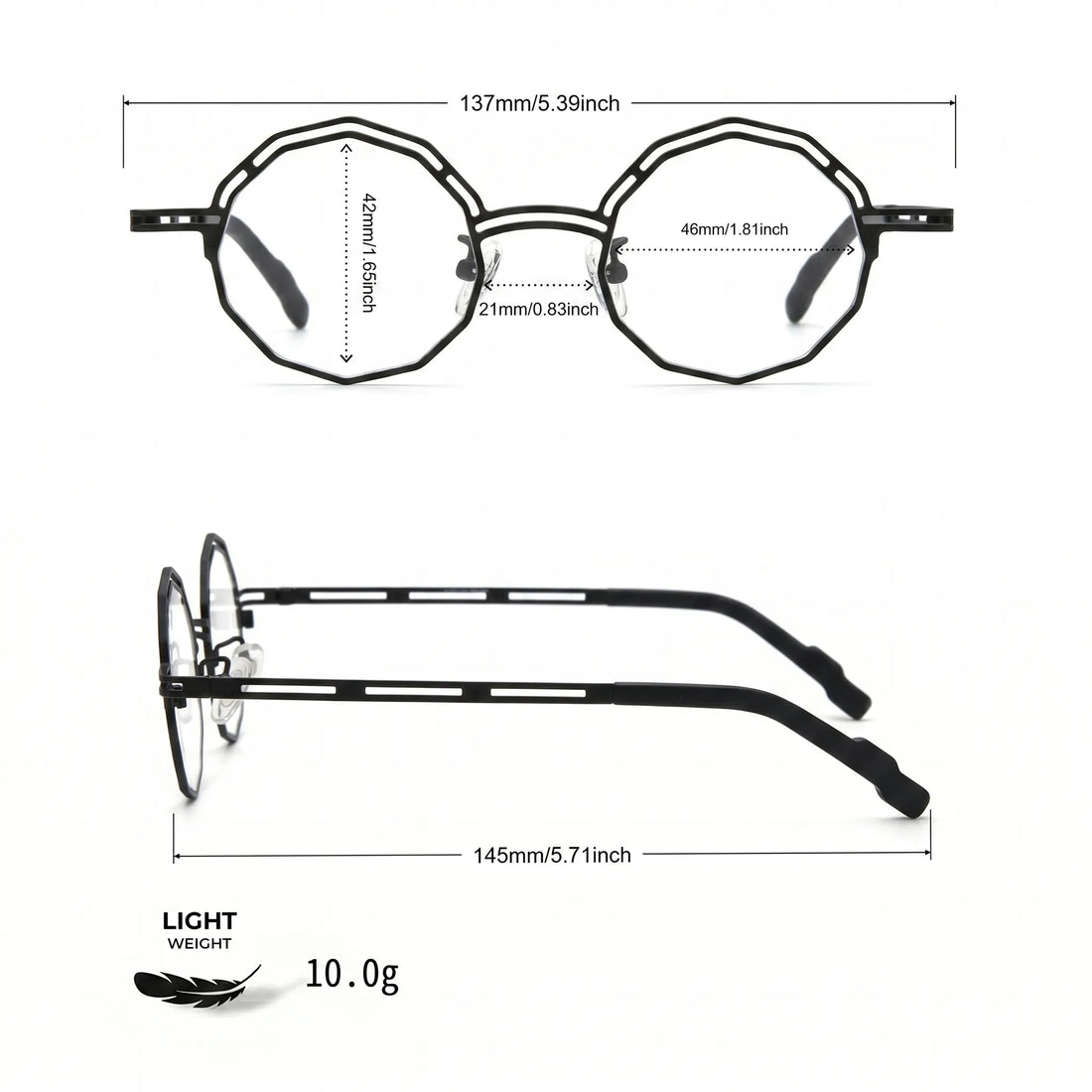 Barledear Ink Noir eyeglasses size chart with 137mm frame width 46mm lens width 21mm bridge and 145mm temples