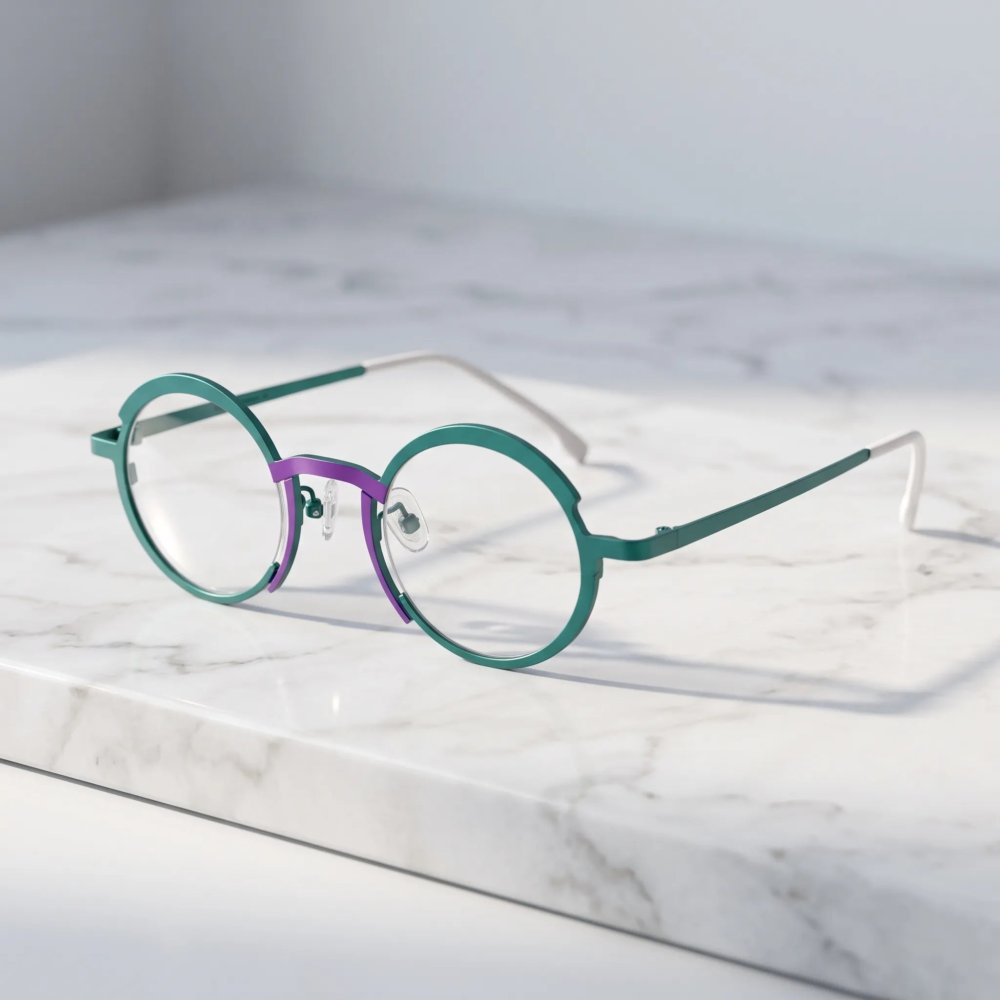 Barledear Jade Green Violet Purple eyeglasses angled side view showing adjustable nose pads, slim titanium temples, and bridge construction