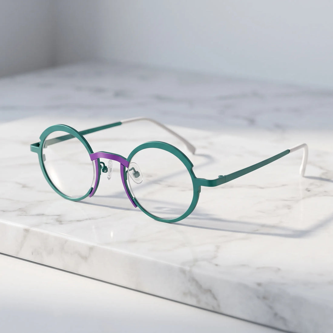 Barledear Jade Green Violet Purple eyeglasses angled side view showing adjustable nose pads, slim titanium temples, and bridge construction