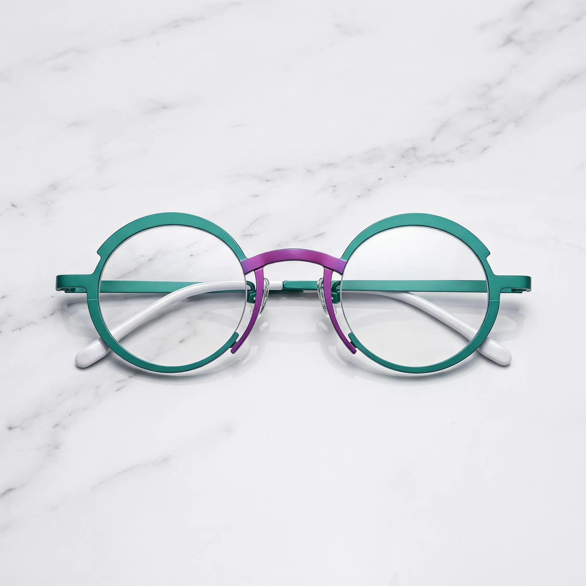 Barledear Jade Green Violet Purple eyeglasses folded display showing the lightweight full-rim structure, slim titanium temples, and temple-tip details