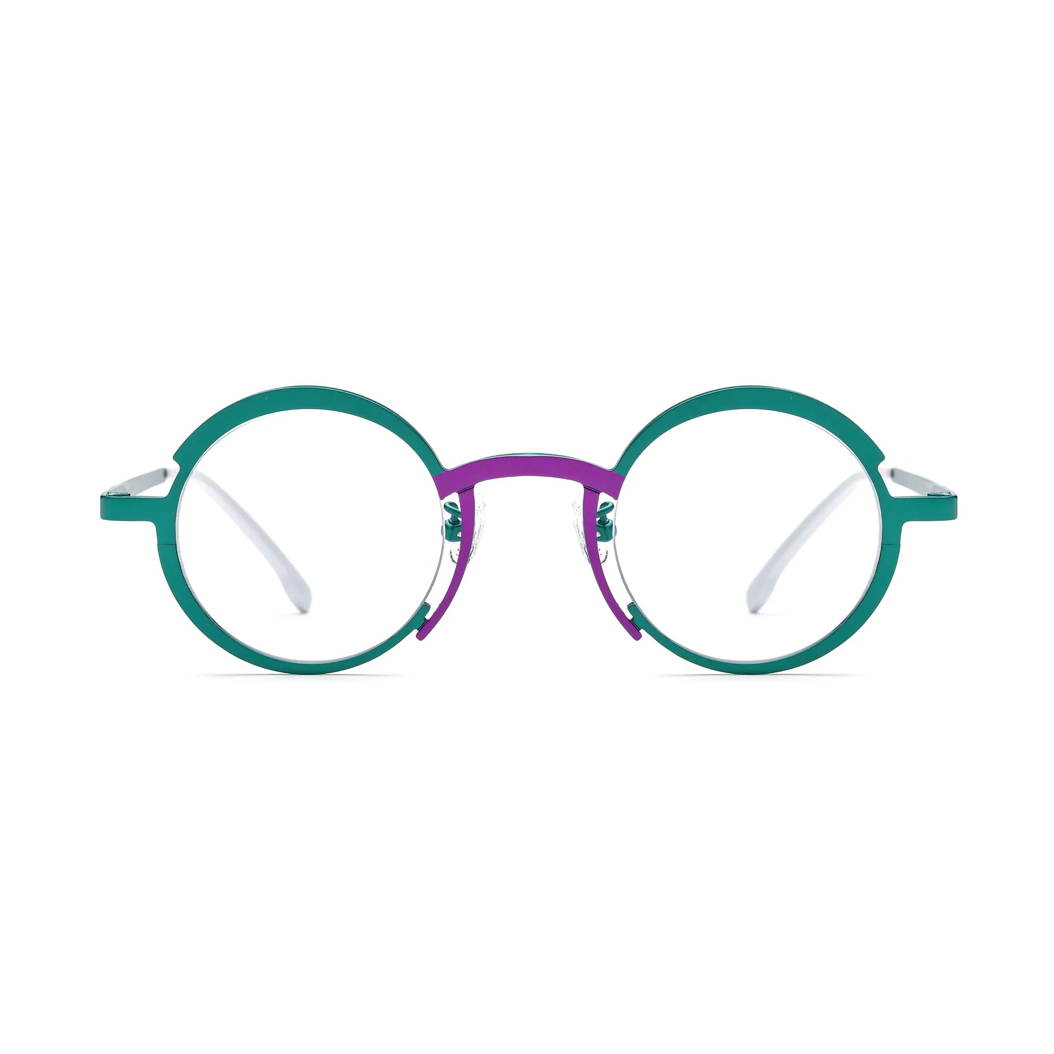 Barledear Jade Green Violet Purple eyeglasses front view with a lightweight pure titanium round frame and color-block bridge design