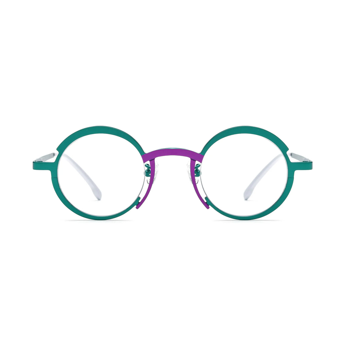 Barledear Jade Green Violet Purple eyeglasses front view with a lightweight pure titanium round frame and color-block bridge design